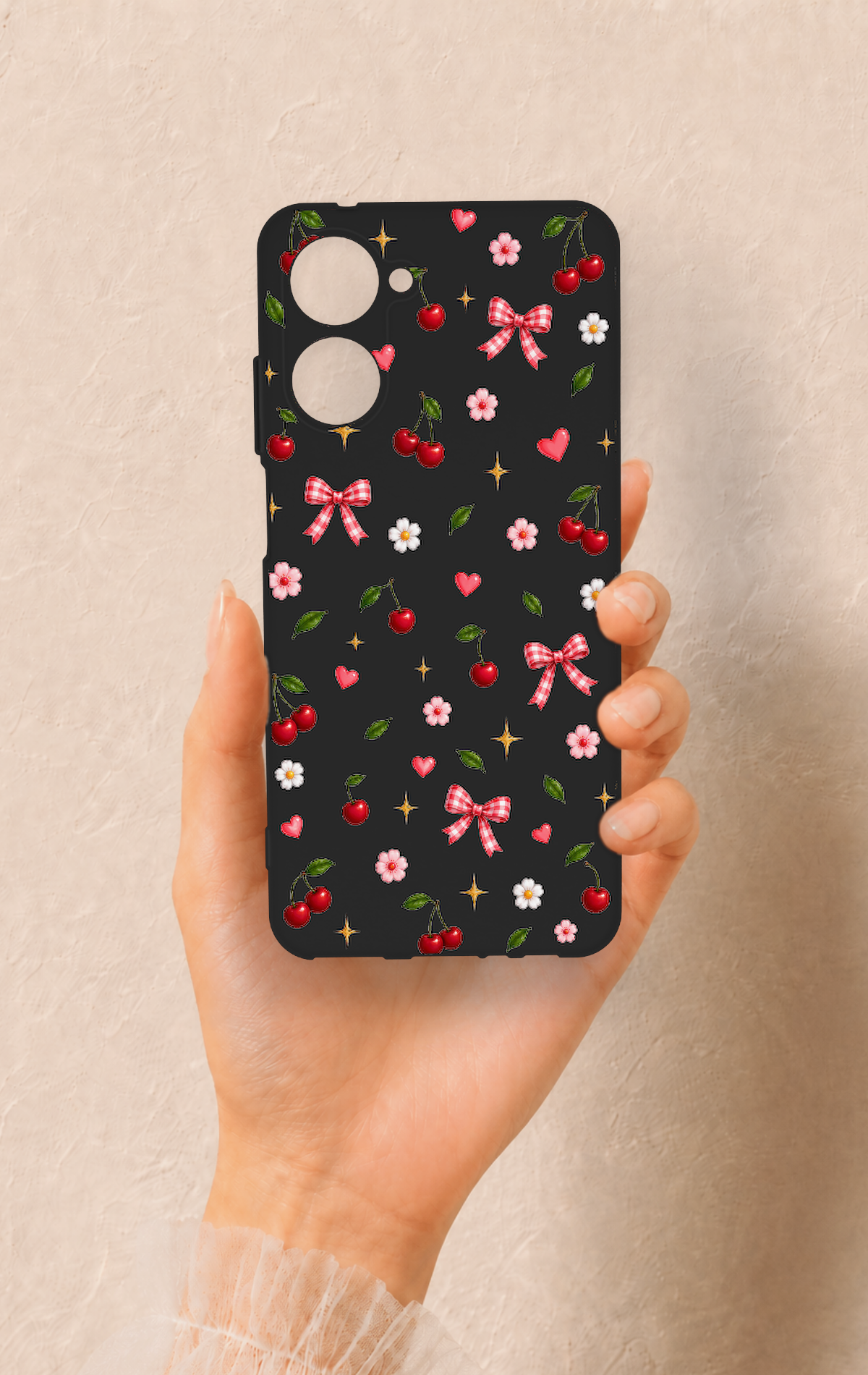 Realme 10 Uyumlu Papatya Kiraz Fiyonk Desenli Silikon Kılıf