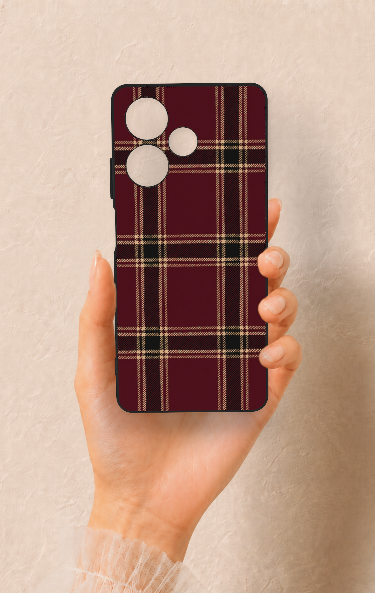 İnfinix Hot 30 Uyumlu Bordo Siyah Ekose Desenli Silikon Kılıf