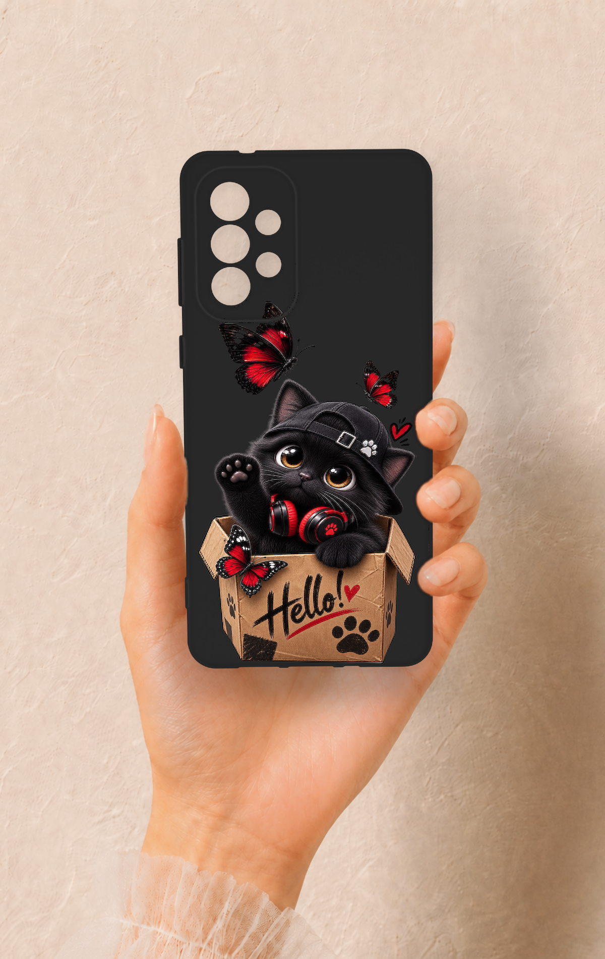 Samsung-A73 Uyumlu Hello Cat Desenli Silikon Kılıf