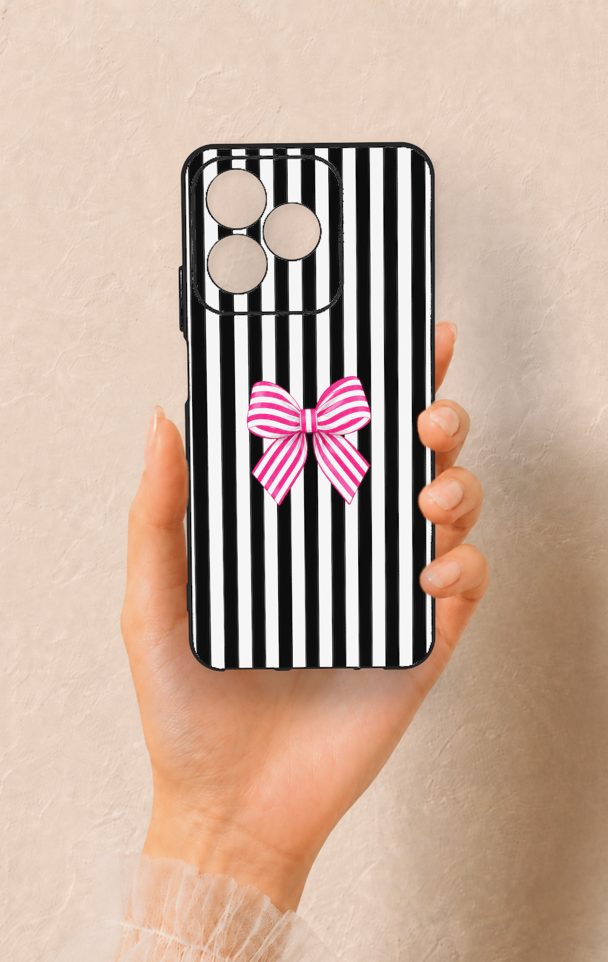 Realme C53 Uyumlu Pembe Beyaz Kurdele Desenli Silikon Kılıf
