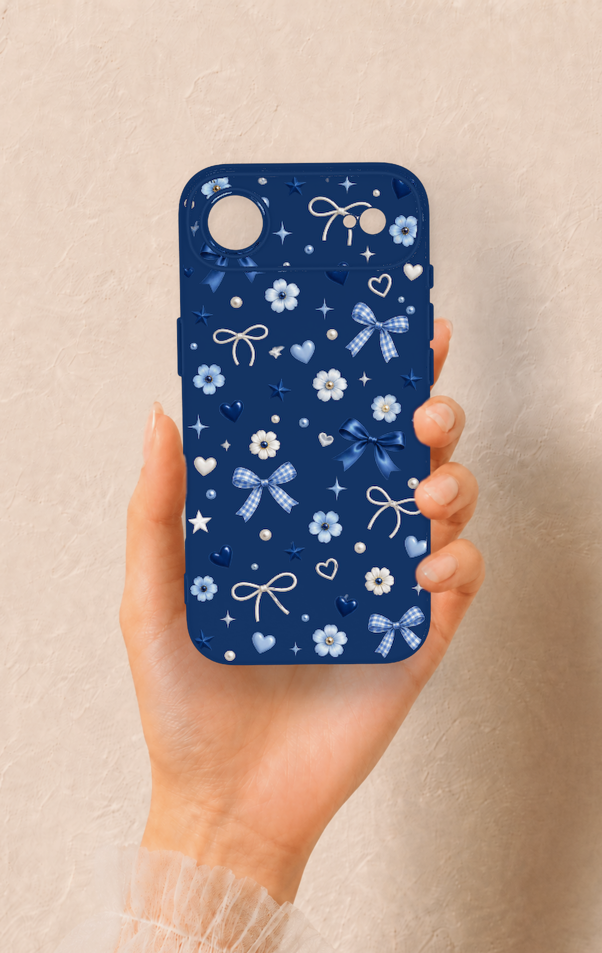 iPhone 17 Air Uyumlu Mavi Papatya Fiyonk Desenli Silikon Kılıf