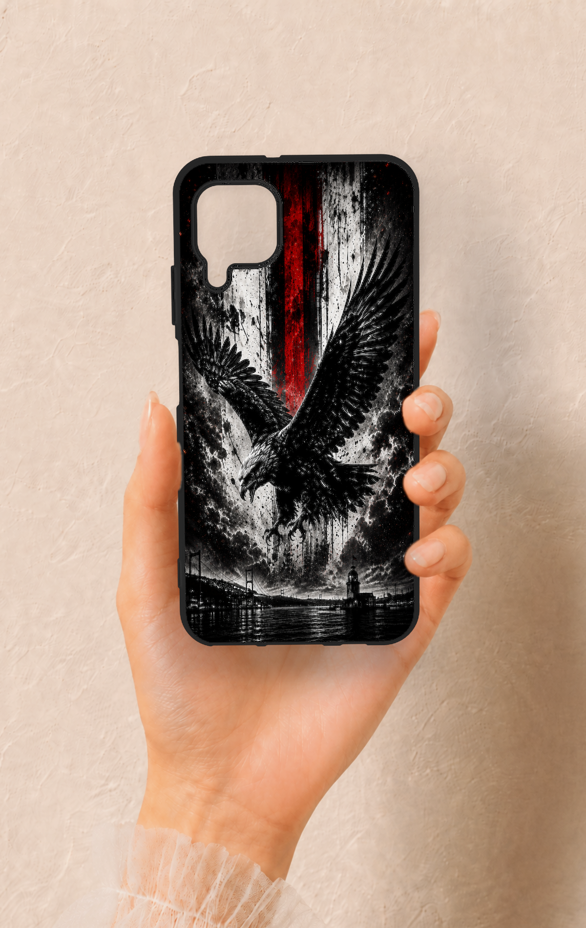 Huawei P40 Lite Uyumlu Kara Kartal Desenli Silikon Kılıf