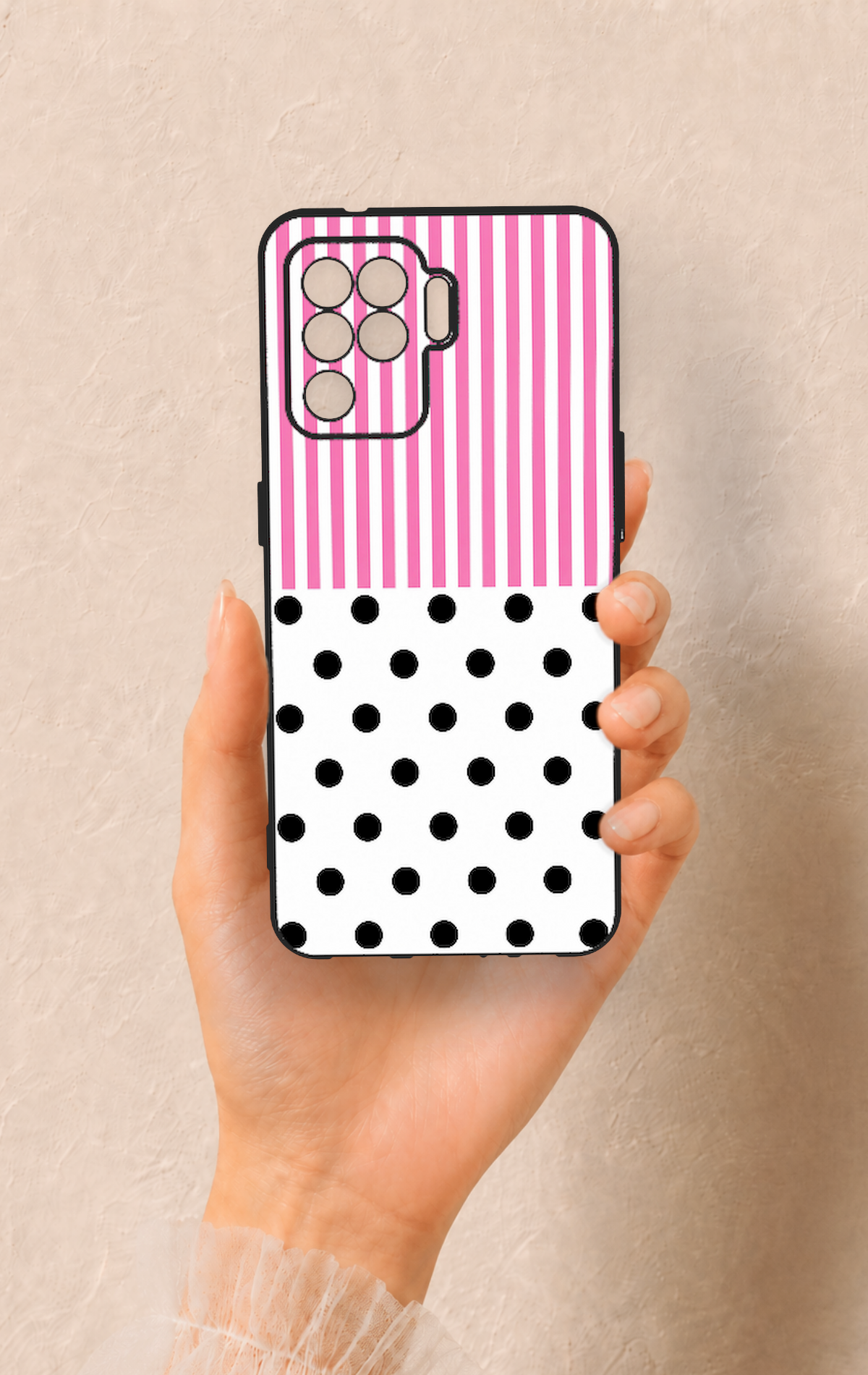 Oppo Reno 5 Lite Uyumlu Pembe Çizgili Puantiye Desenli Silikon Kılıf