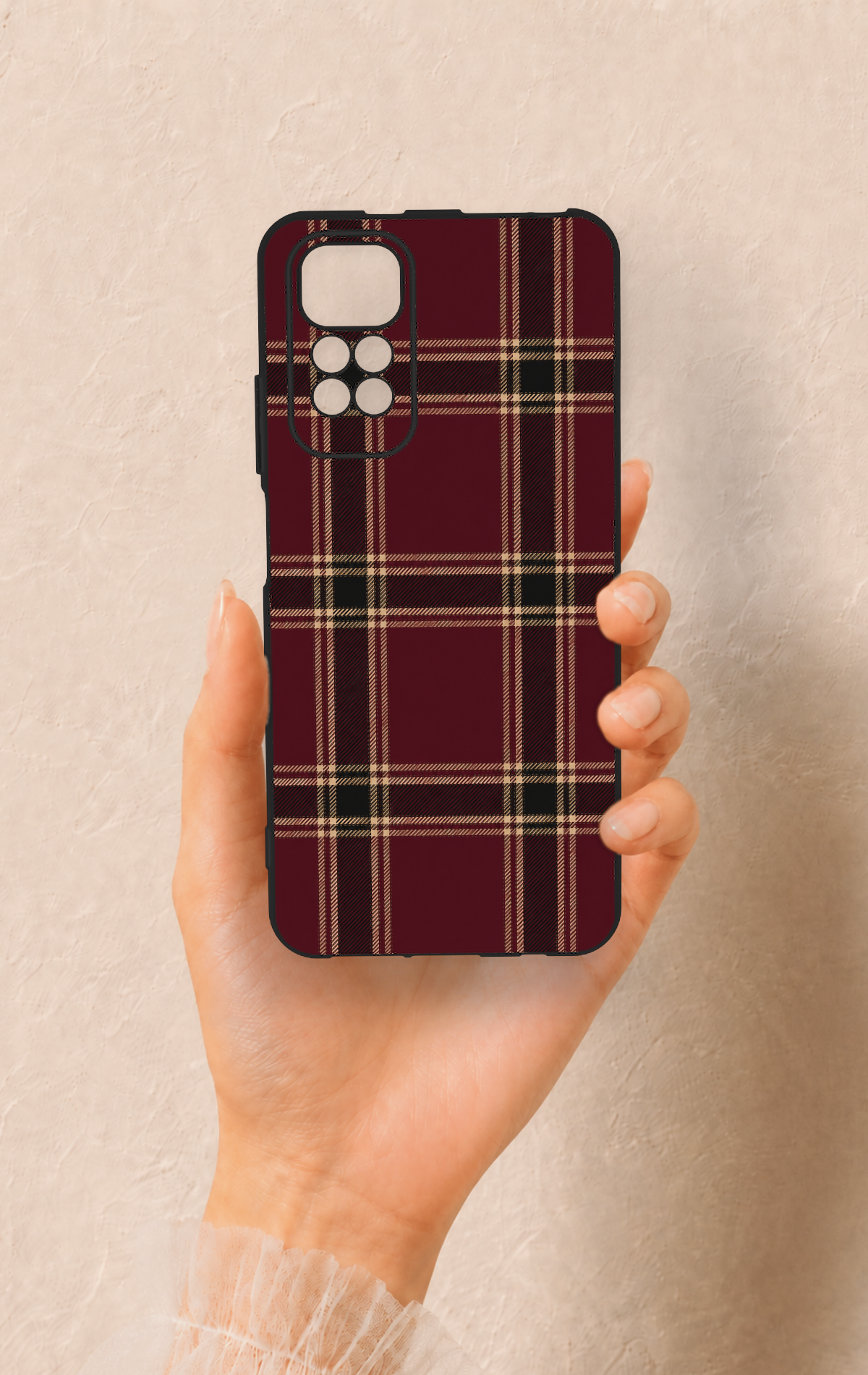 Redmi Note 11S Uyumlu Bordo Siyah Ekose Desenli Silikon Kılıf