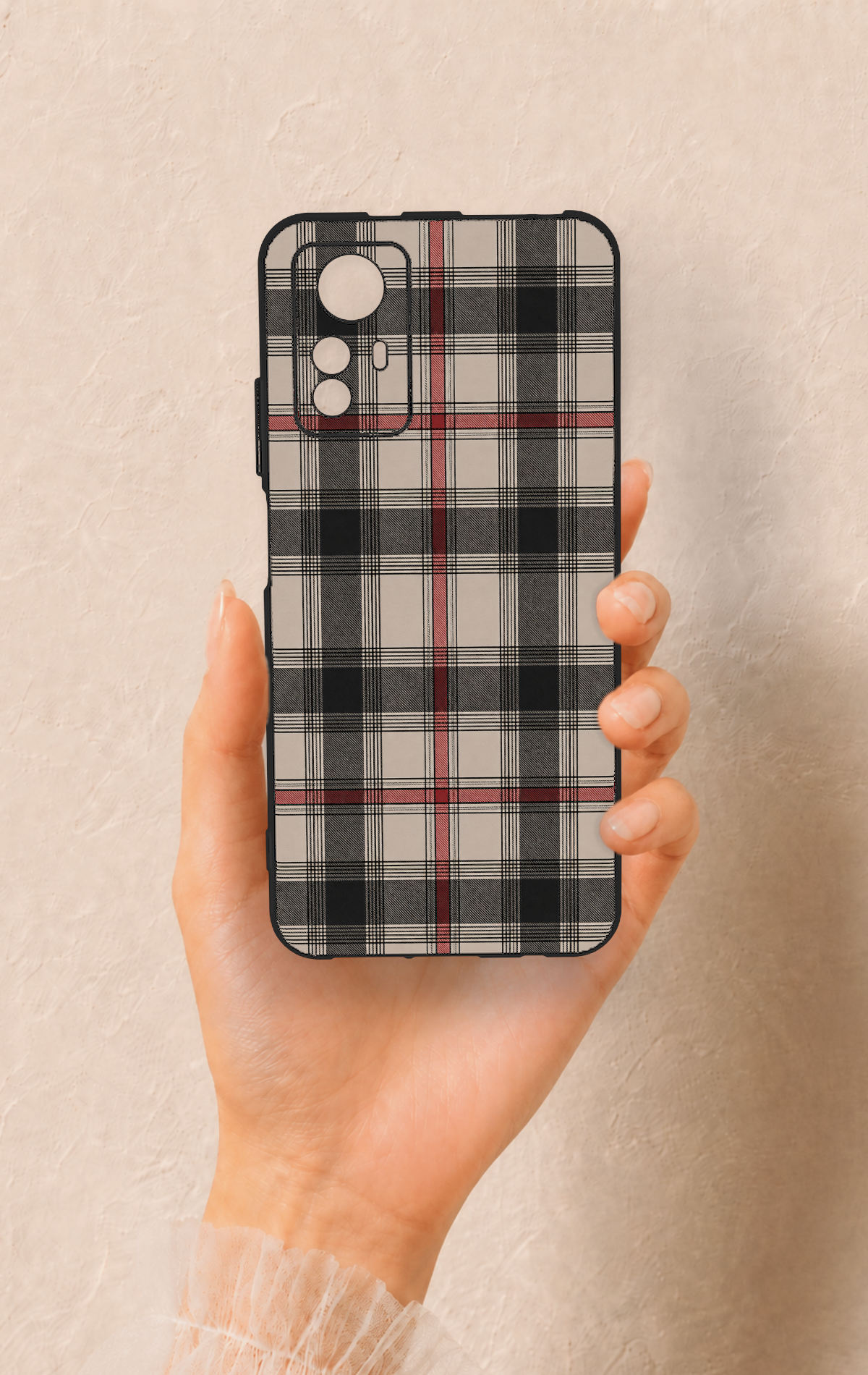 Redmi Note 12S Uyumlu Siyah Kırmızı Ekose Desenli Silikon Kılıf