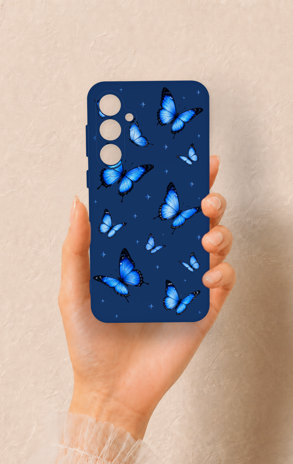 Samsung S23Fe Uyumlu Parlak Mavi Kelebek Desenli Silikon Kılıf