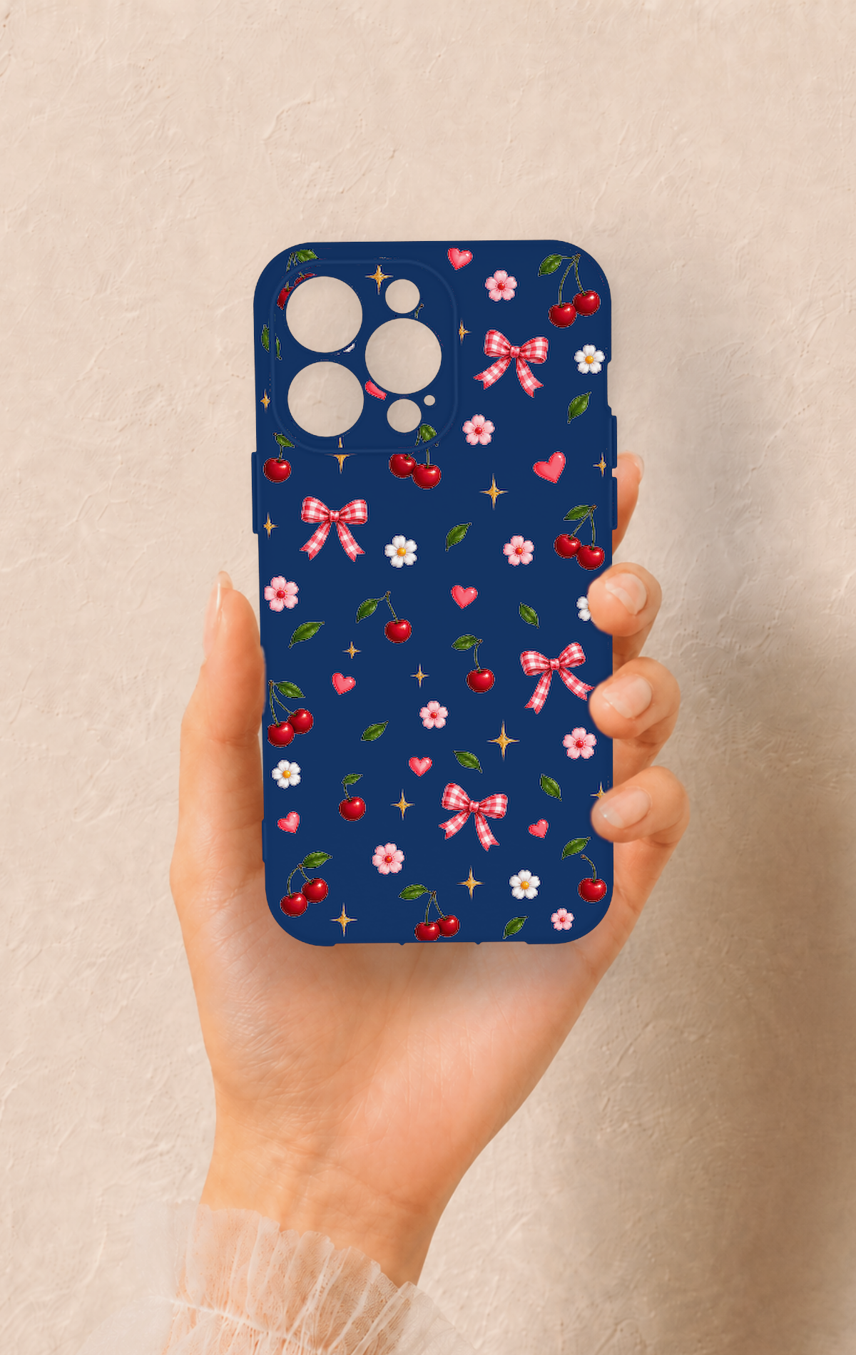 iPhone 13 Pro Max Uyumlu Çiçek Kiraz Fiyonk Desenli Silikon Kılıf