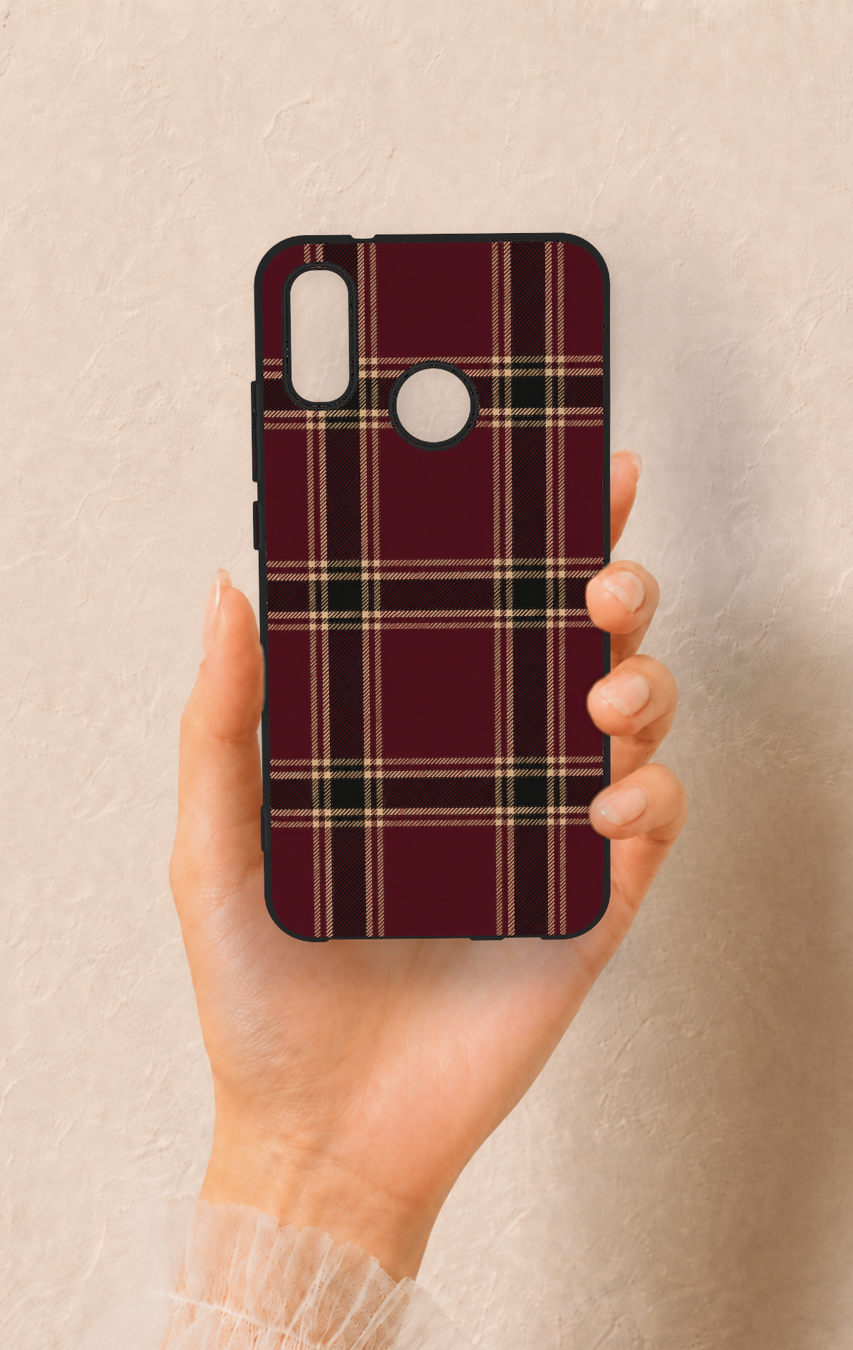 Huawei P20 Lite Uyumlu Bordo Siyah Ekose Desenli Silikon Kılıf
