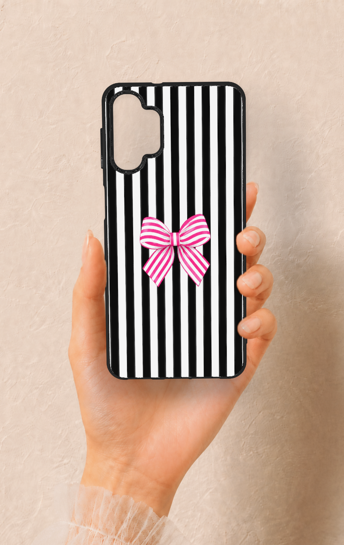 Samsung A32 Uyumlu Pembe Beyaz Kurdele Desenli Silikon Kılıf