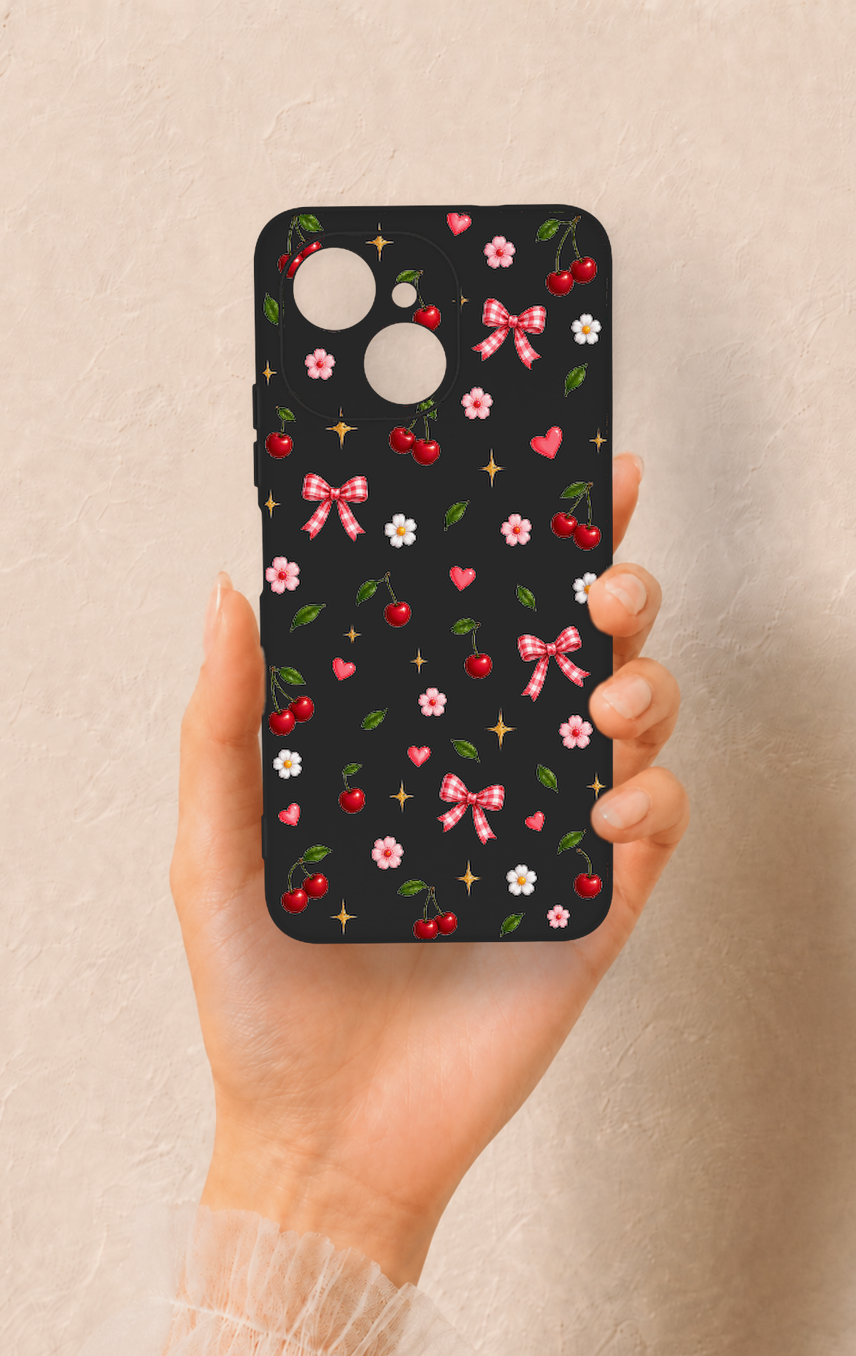 Tecno Spark 40C Uyumlu Papatya Kiraz Fiyonk Desenli Silikon Kılıf