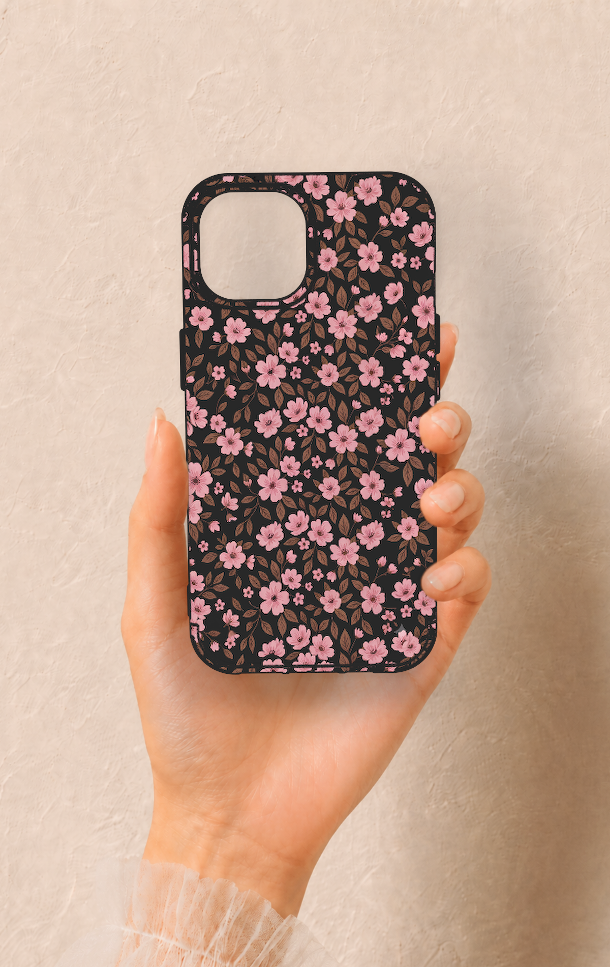 iPhone 15 Uyumlu Mini Pembe Çiçek Desenli Silikon Kılıf