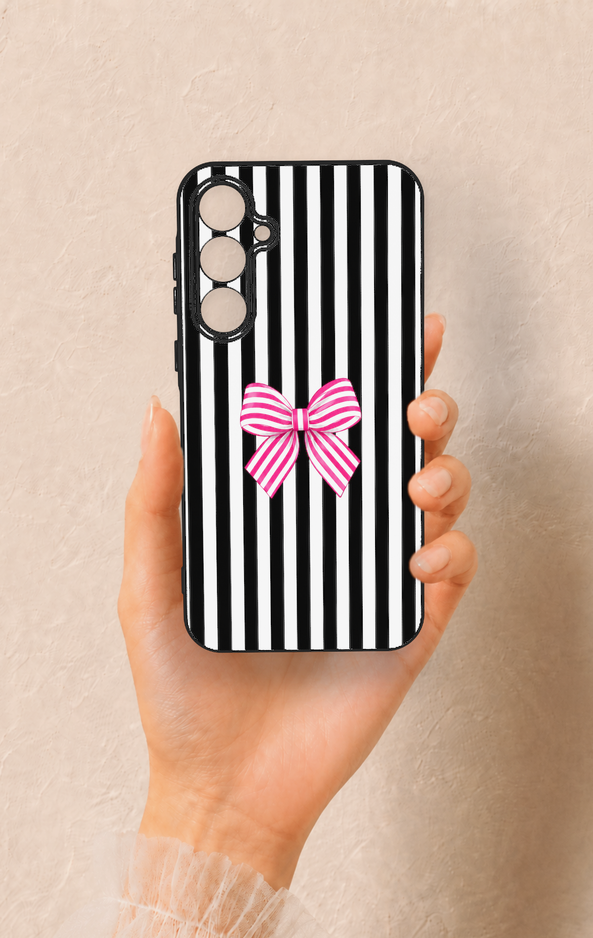 Samsung A35 Uyumlu Pembe Beyaz Kurdele Desenli Silikon Kılıf