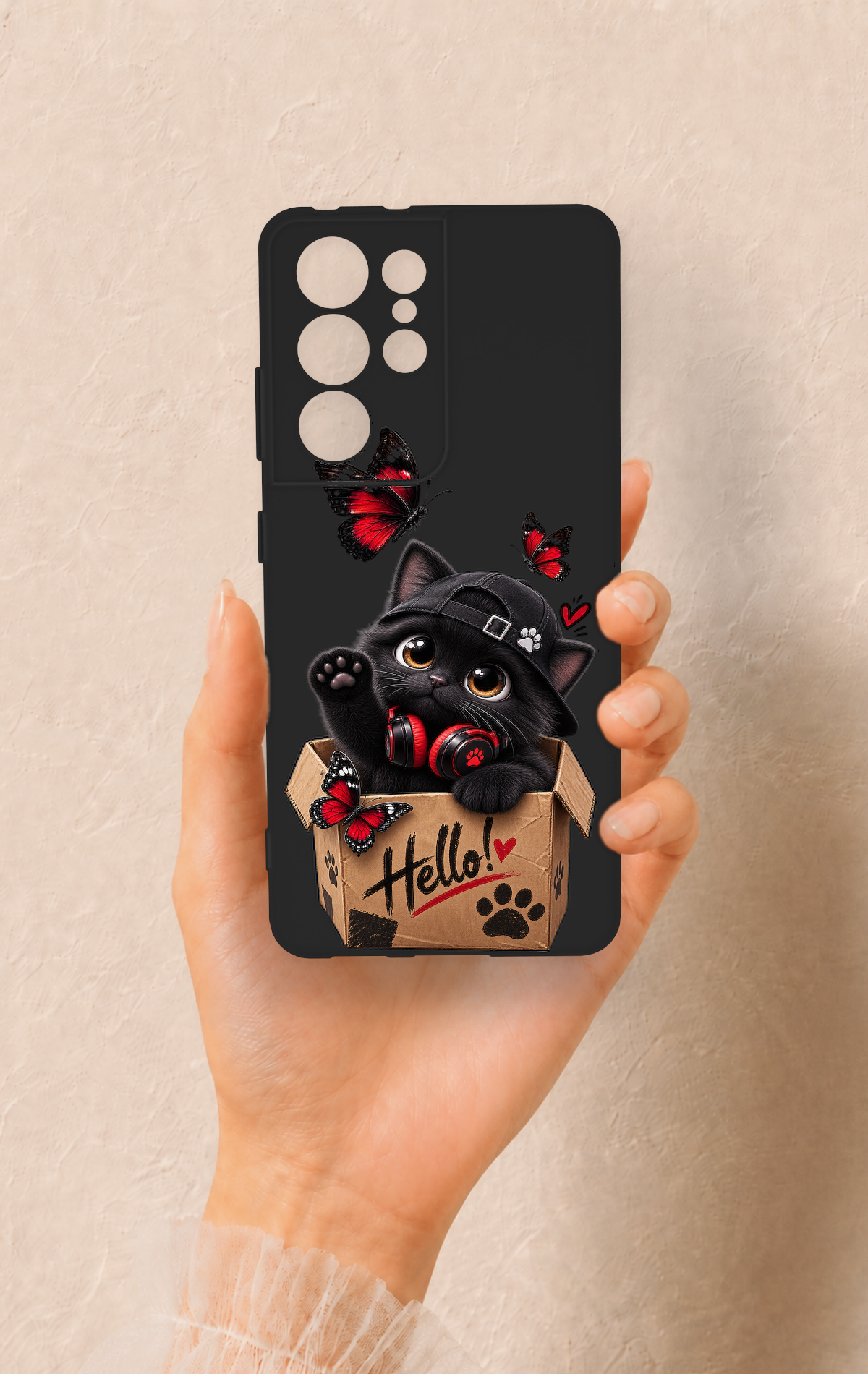 Samsung S21 Ultra Uyumlu Hello Cat Desenli Silikon Kılıf