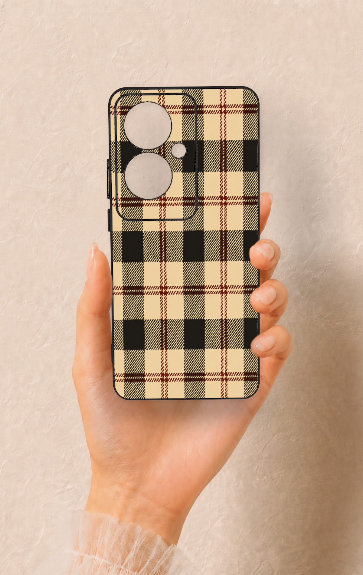 Oppo Reno 11F Uyumlu Krem Ekose Desenli Silikon Kılıf