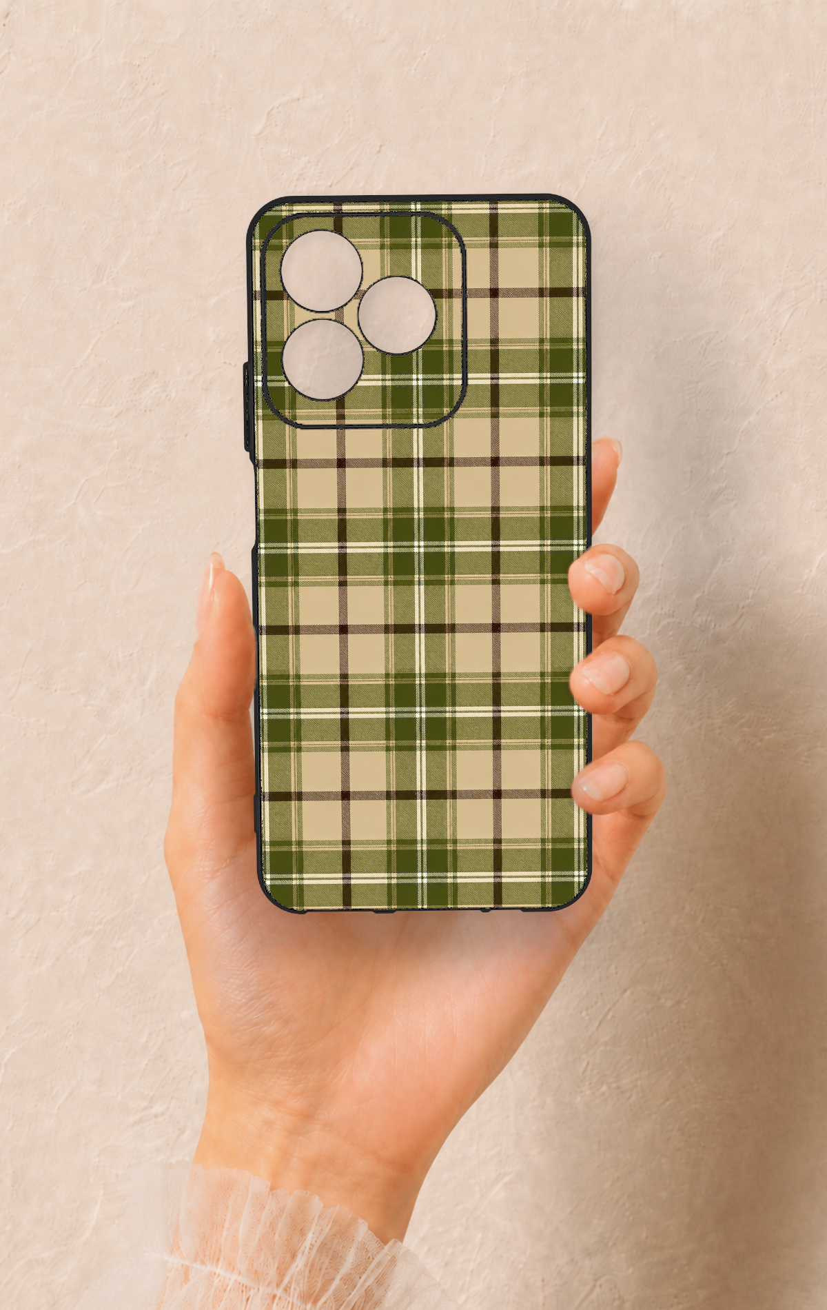 Realme C53 Uyumlu Zeytin Yeşili Ekose Desenli Silikon Kılıf