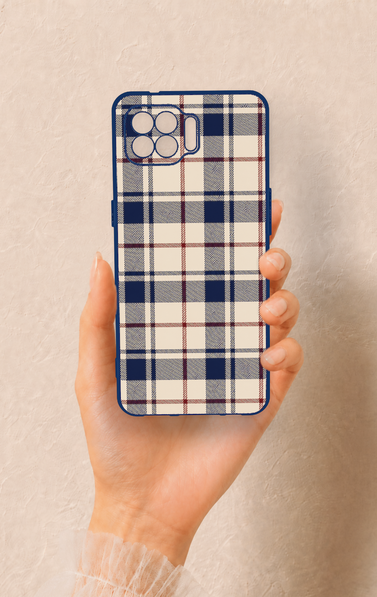 Oppo Reno 4 Lite Uyumlu Mavi Bordo Çizgili Ekose Desenli Silikon Kılıf