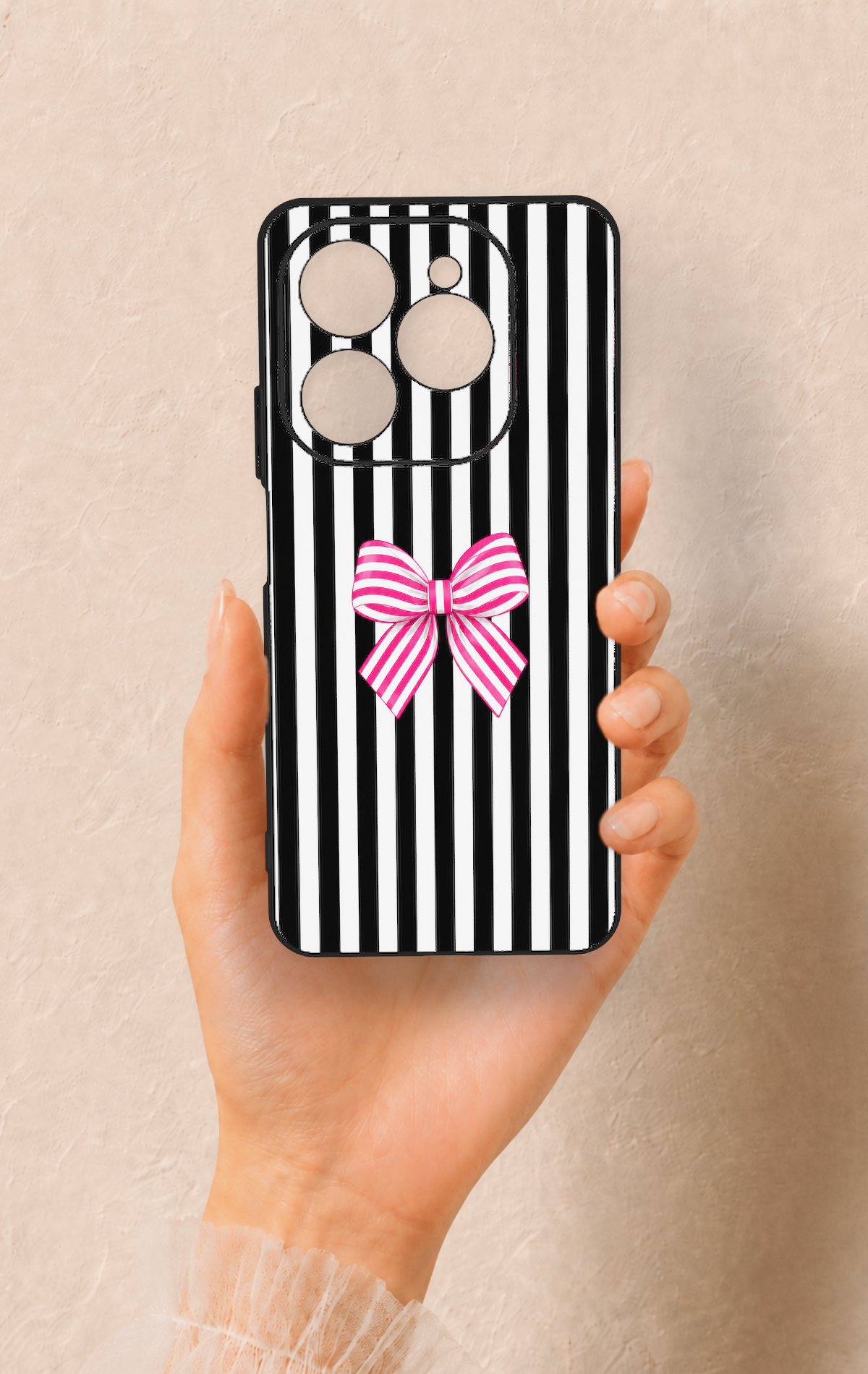 Tecno Spark 20 Pro Uyumlu Pembe Beyaz Kurdele Desenli Silikon Kılıf