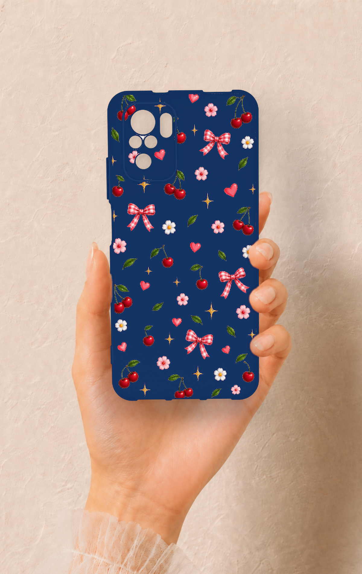 Redmi Note 10-10S Uyumlu Çiçek Kiraz Fiyonk Desenli Silikon Kılıf
