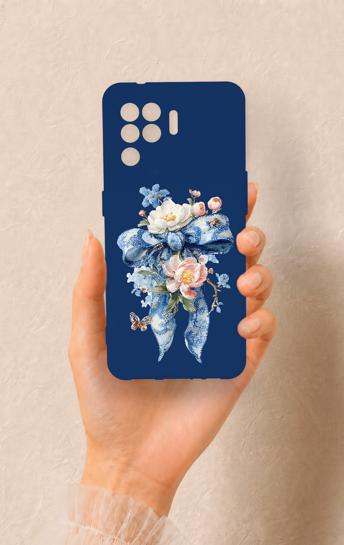 Oppo Reno 5 Lite Uyumlu Mavi Kurdeleli Çiçek Desenli Silikon Kılıf