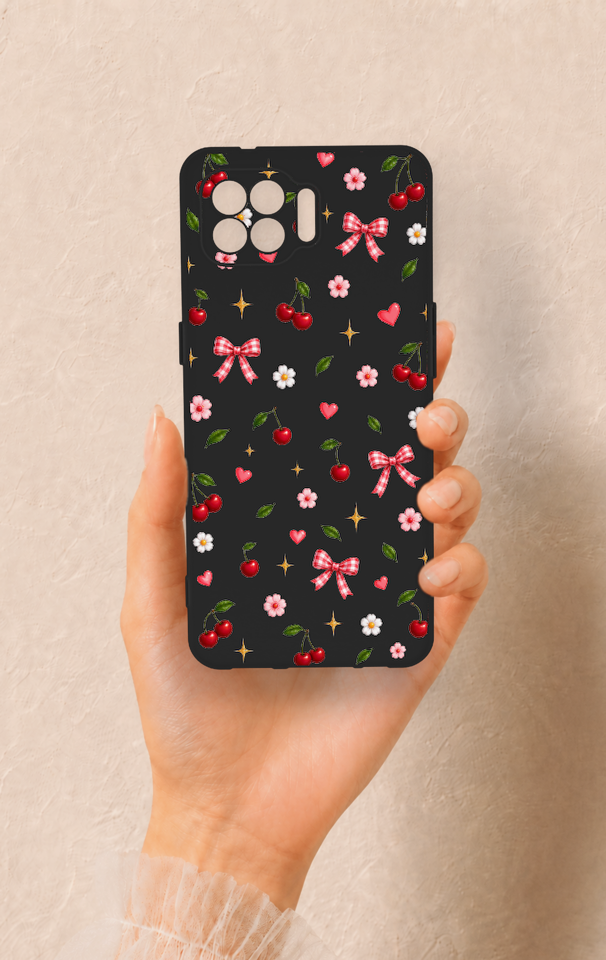 Oppo Reno 4 Lite Uyumlu Papatya Kiraz Fiyonk Desenli Silikon Kılıf