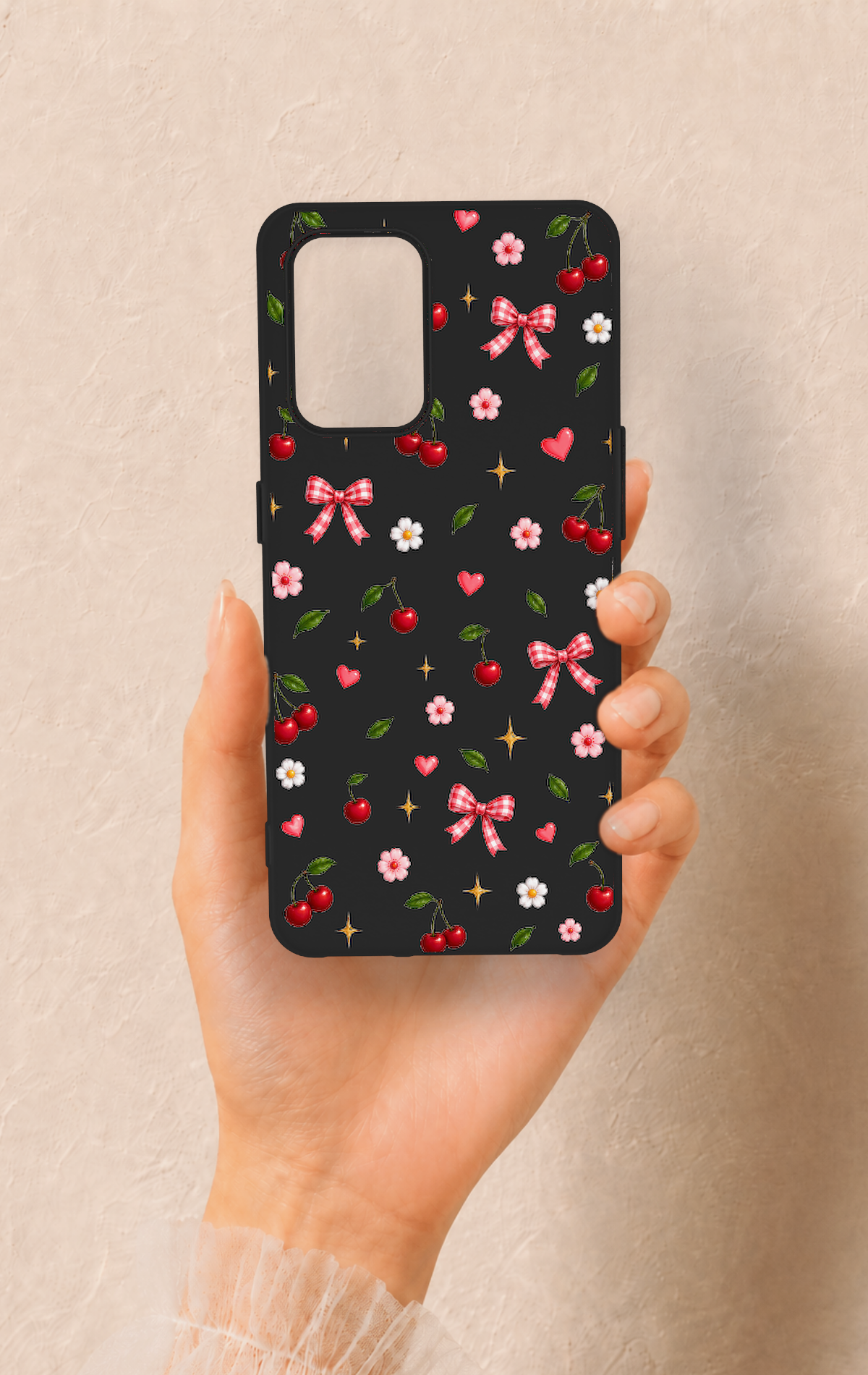 Oppo-A74 Uyumlu Papatya Kiraz Fiyonk Desenli Silikon Kılıf