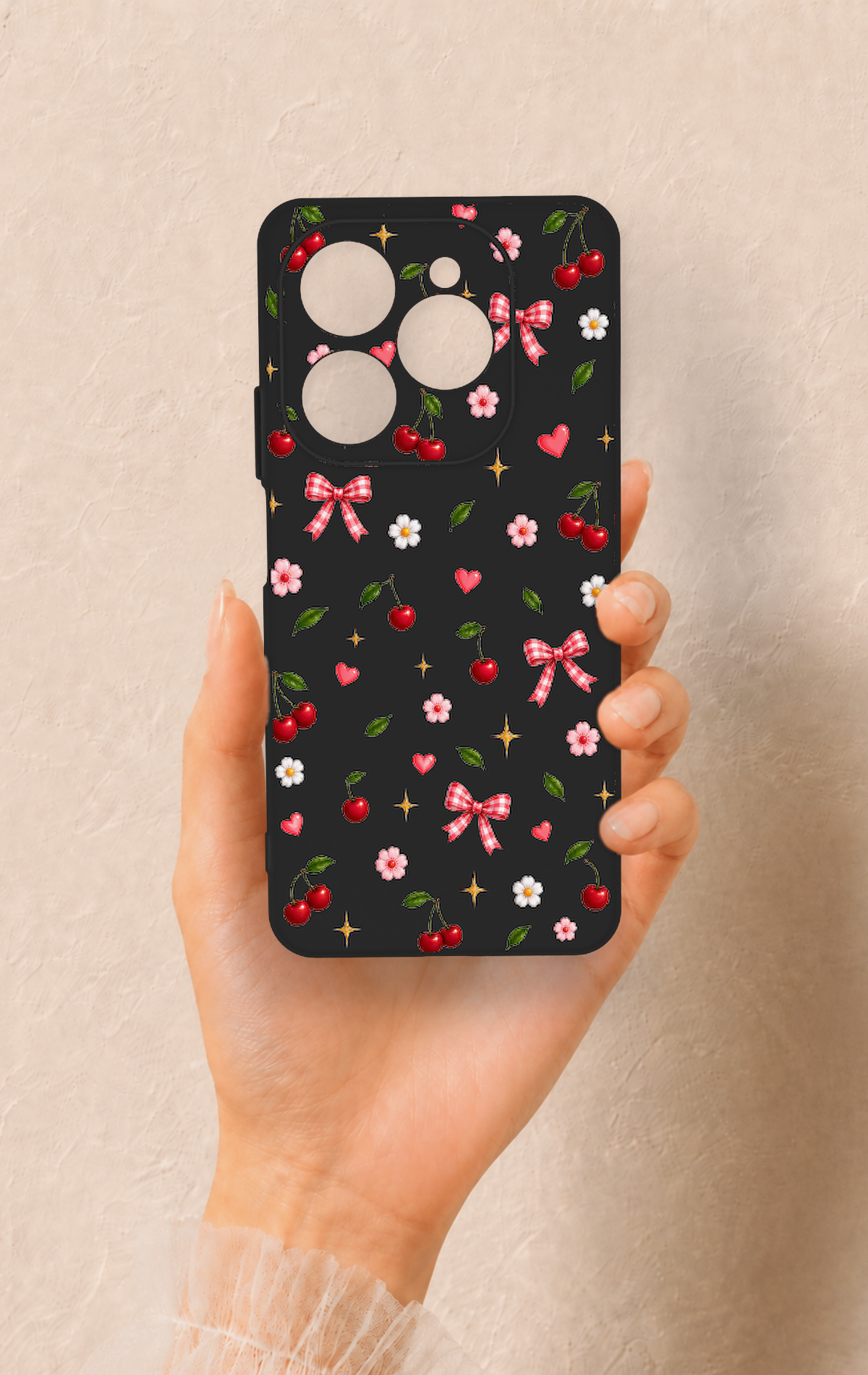 Tecno Spark 20 Pro Uyumlu Papatya Kiraz Fiyonk Desenli Silikon Kılıf