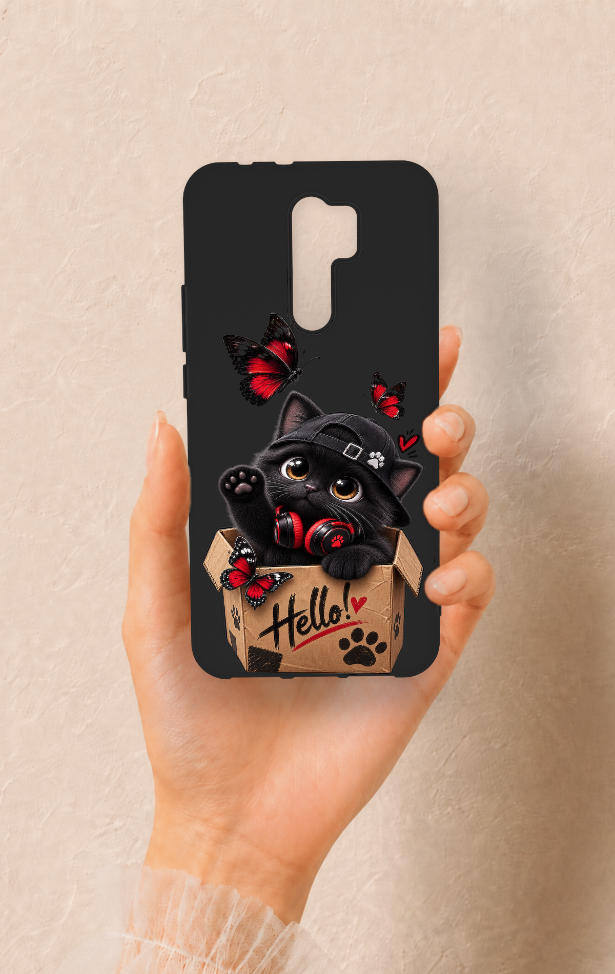 Redmi 9 Uyumlu Hello Cat Desenli Silikon Kılıf