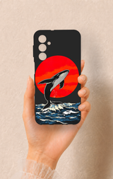 Samsung M34 Uyumlu Kırmızı Güneş Balina Desenli Silikon Kılıf