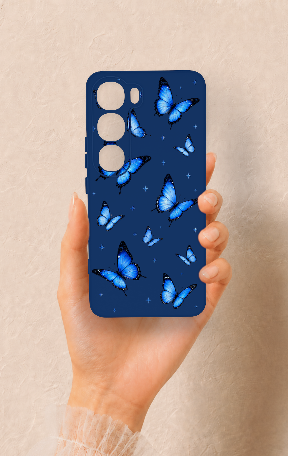 Vivo V40 Lite 5G Uyumlu Parlak Mavi Kelebek Desenli Silikon Kılıf