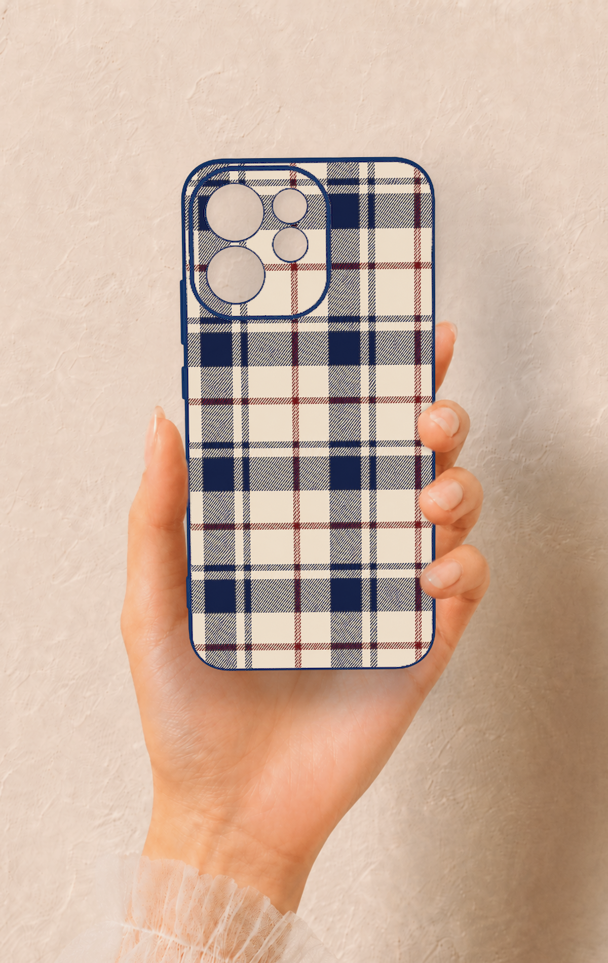 Oppo Reno 15F Uyumlu Mavi Bordo Çizgili Ekose Desenli Silikon Kılıf