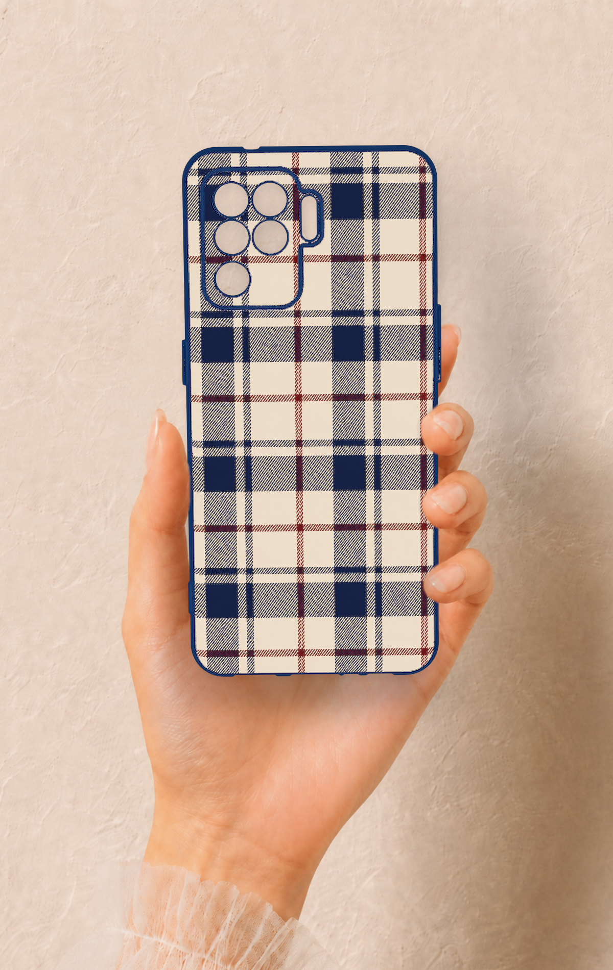 Oppo Reno 5 Lite Uyumlu Mavi Bordo Çizgili Ekose Desenli Silikon Kılıf
