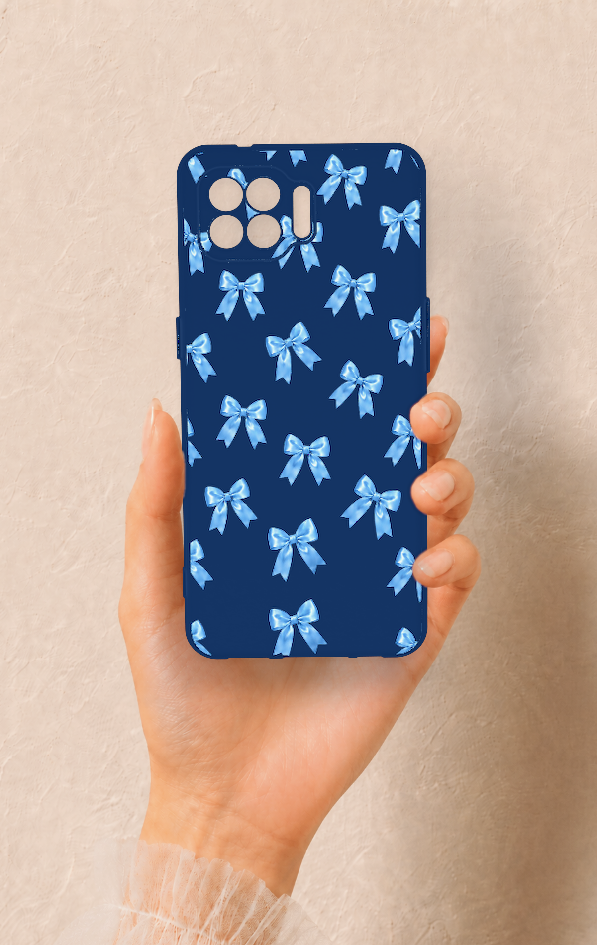Oppo Reno 4 Lite Uyumlu Mavi Fiyonk Kurdele Desenli Silikon Kılıf