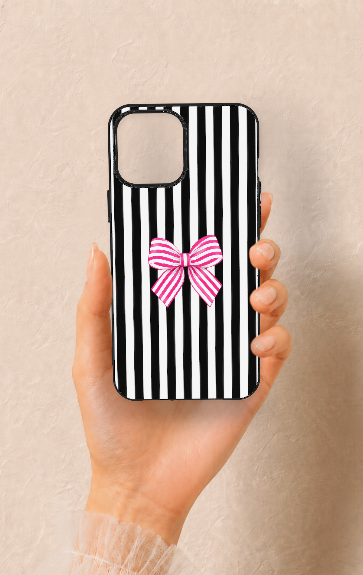 iPhone 12 Pro Max Uyumlu Pembe Beyaz Kurdele Desenli Silikon Kılıf