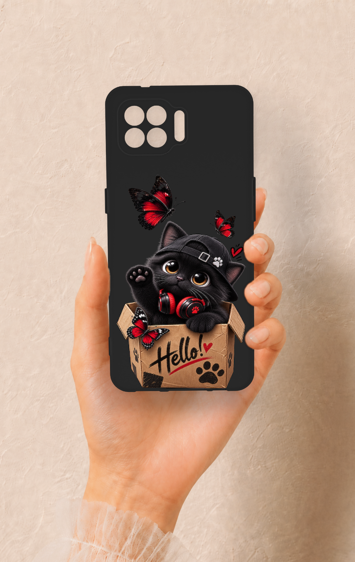 Oppo Reno 4 Lite Uyumlu Hello Cat Desenli Silikon Kılıf