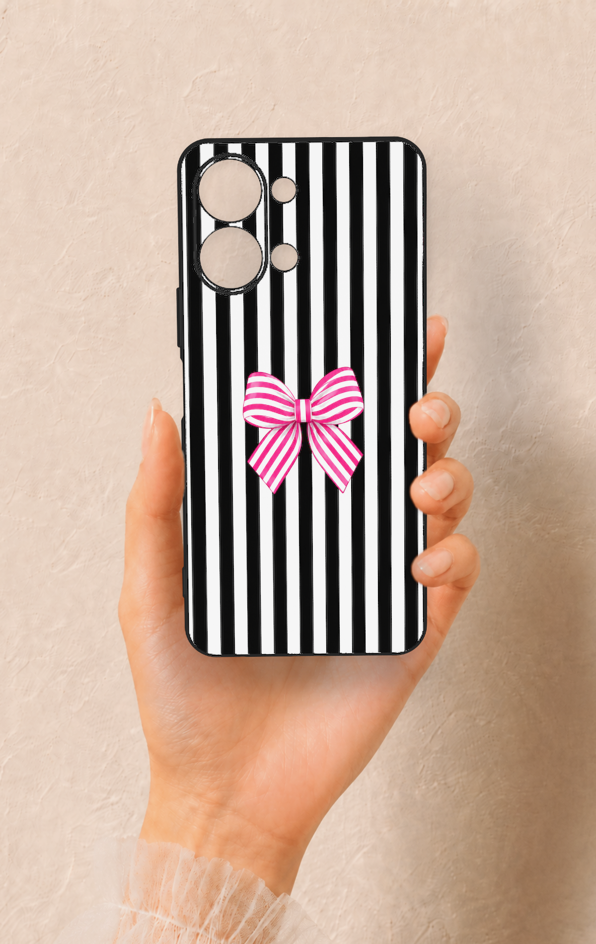 Vivo Y05 4G Uyumlu Pembe Beyaz Kurdele Desenli Silikon Kılıf
