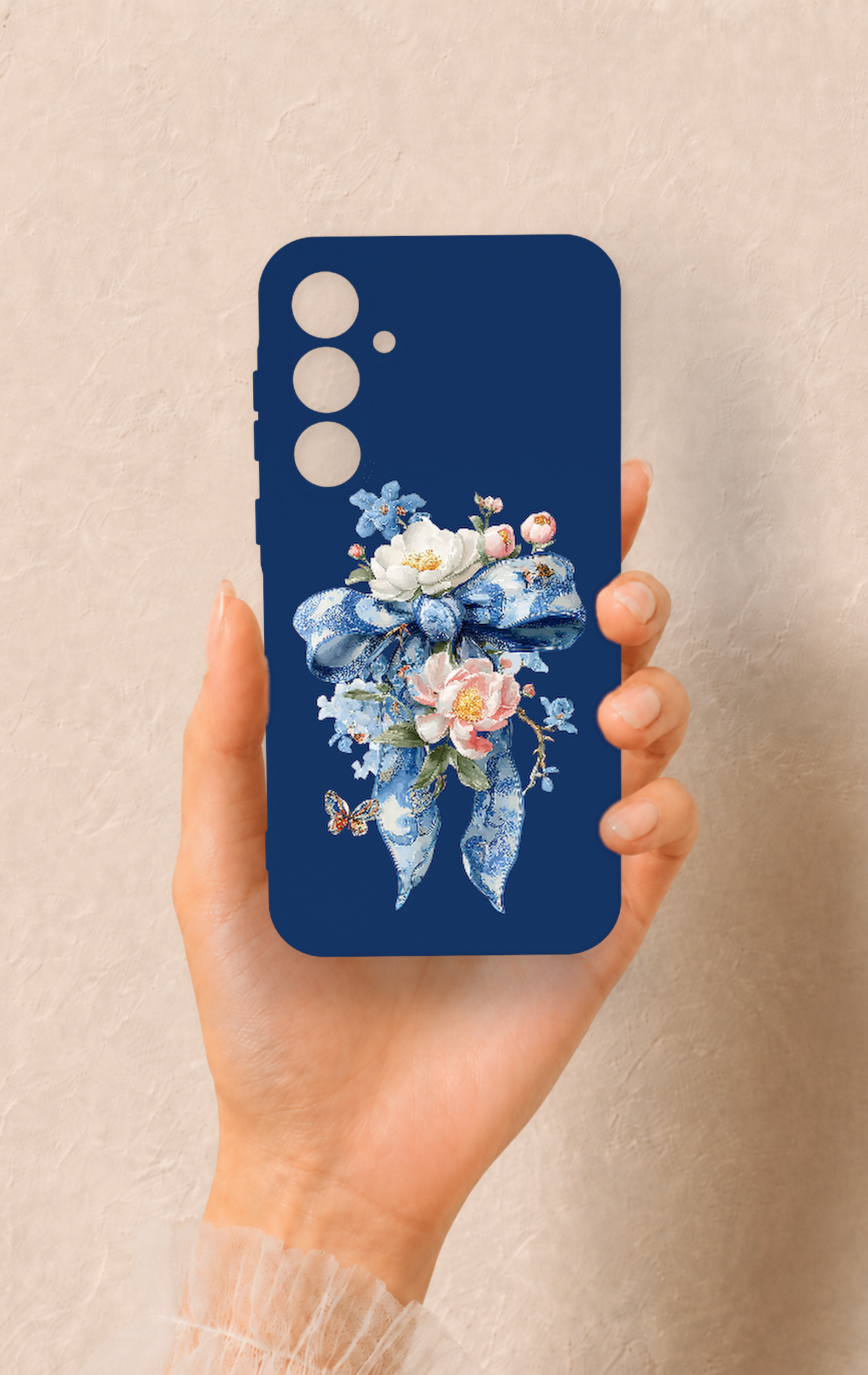 Samsung A35 Uyumlu Mavi Kurdeleli Çiçek Desenli Silikon Kılıf