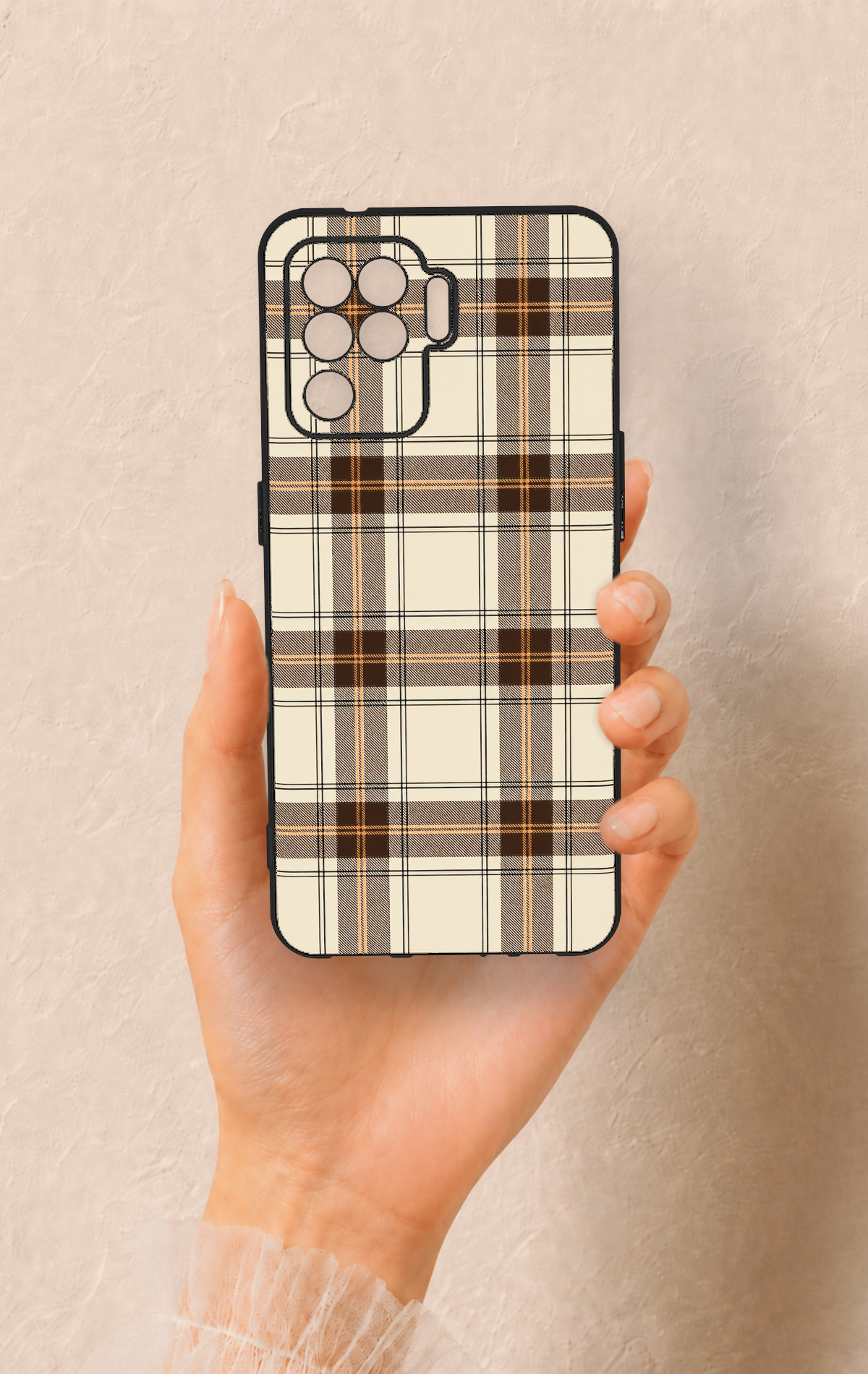 Oppo Reno 5 Lite Uyumlu Bej Kahverengi Ekose Desenli Silikon Kılıf