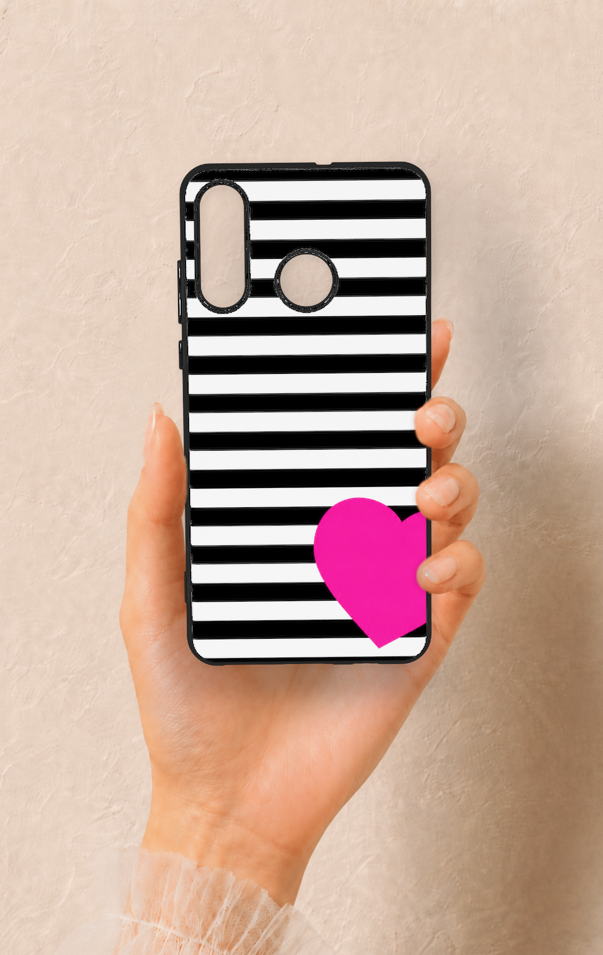 Huawei P30 Lite Uyumlu Çizgili Kalp Desenli Silikon Kılıf