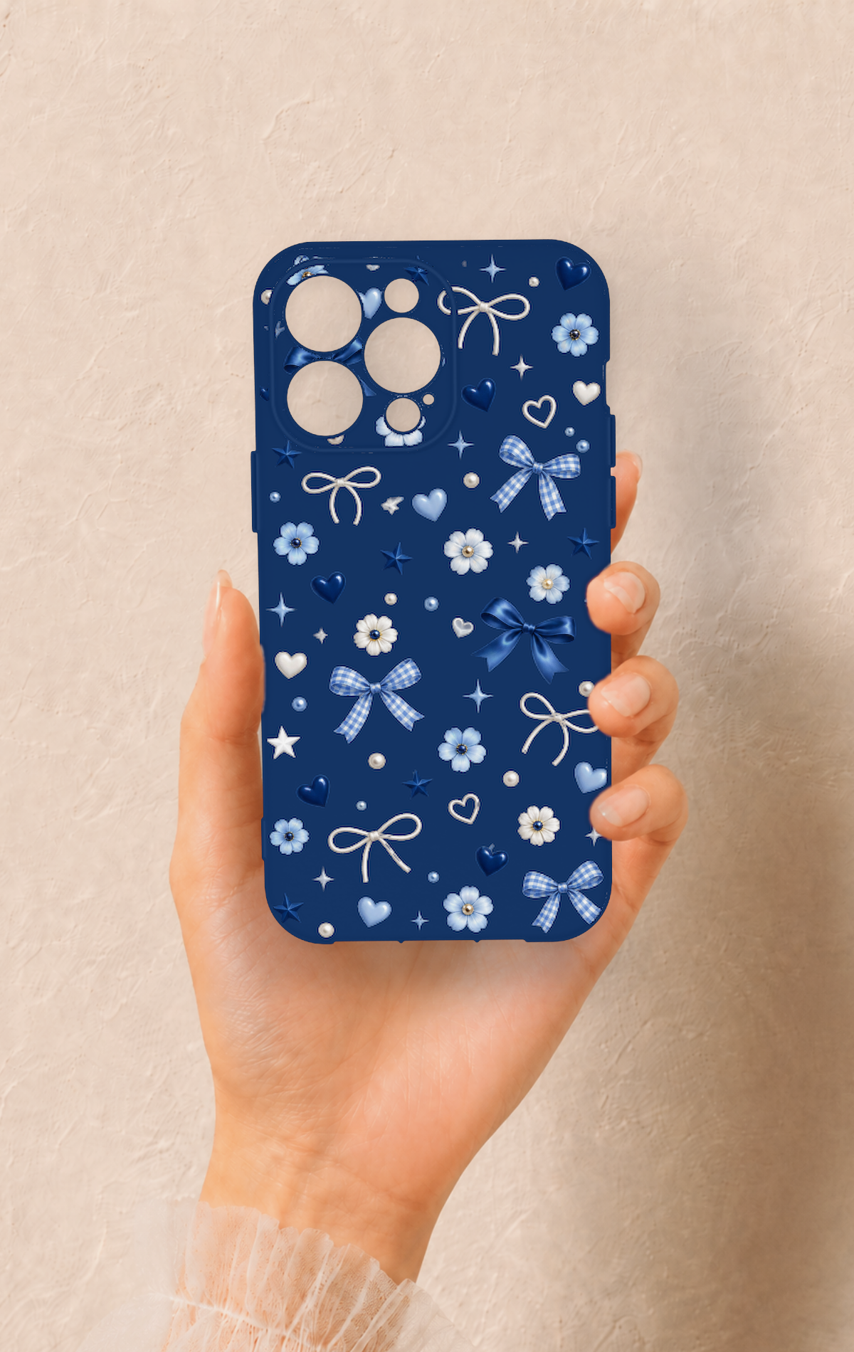 iPhone 13 Pro Max Uyumlu Mavi Papatya Fiyonk Desenli Silikon Kılıf