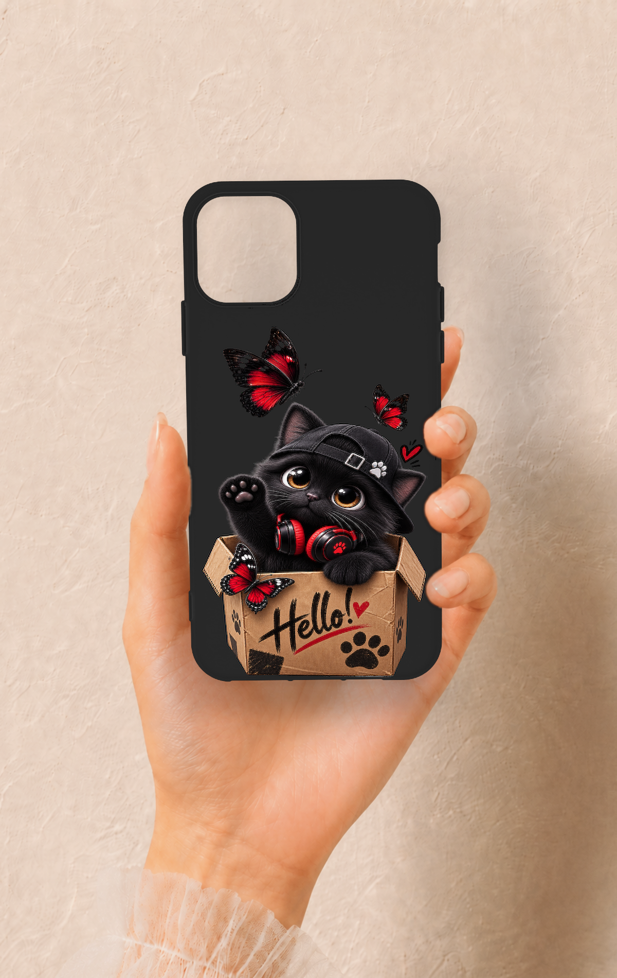 iPhone 11 Pro Max Uyumlu Hello Cat Desenli Silikon Kılıf