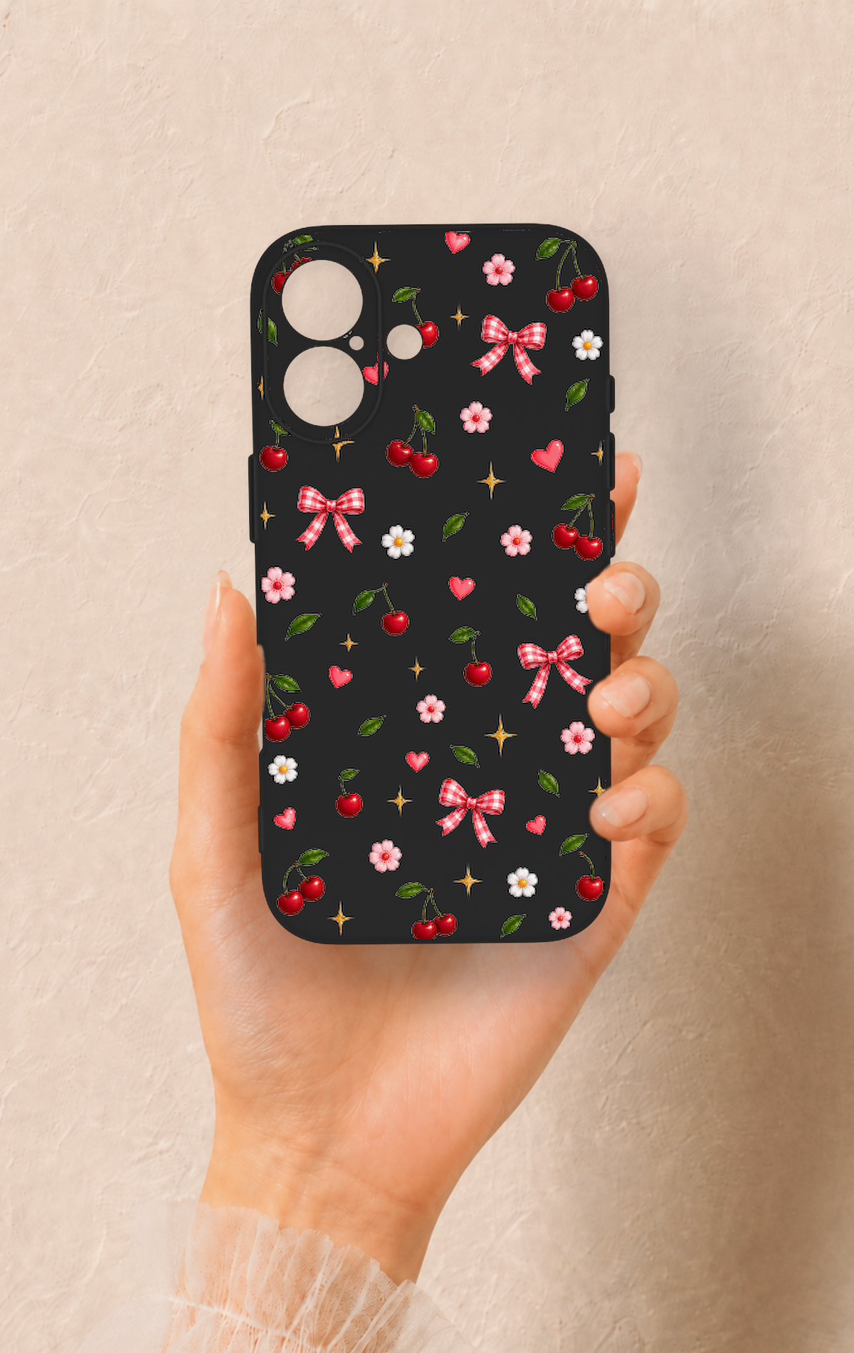 iPhone 17 Uyumlu Papatya Kiraz Fiyonk Desenli Silikon Kılıf