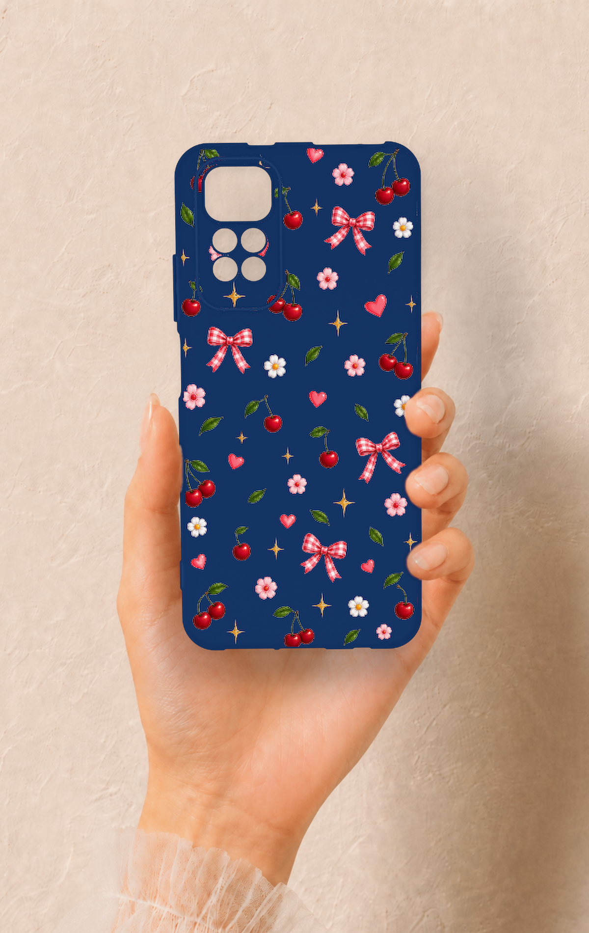 Redmi Note 11S Uyumlu Çiçek Kiraz Fiyonk Desenli Silikon Kılıf