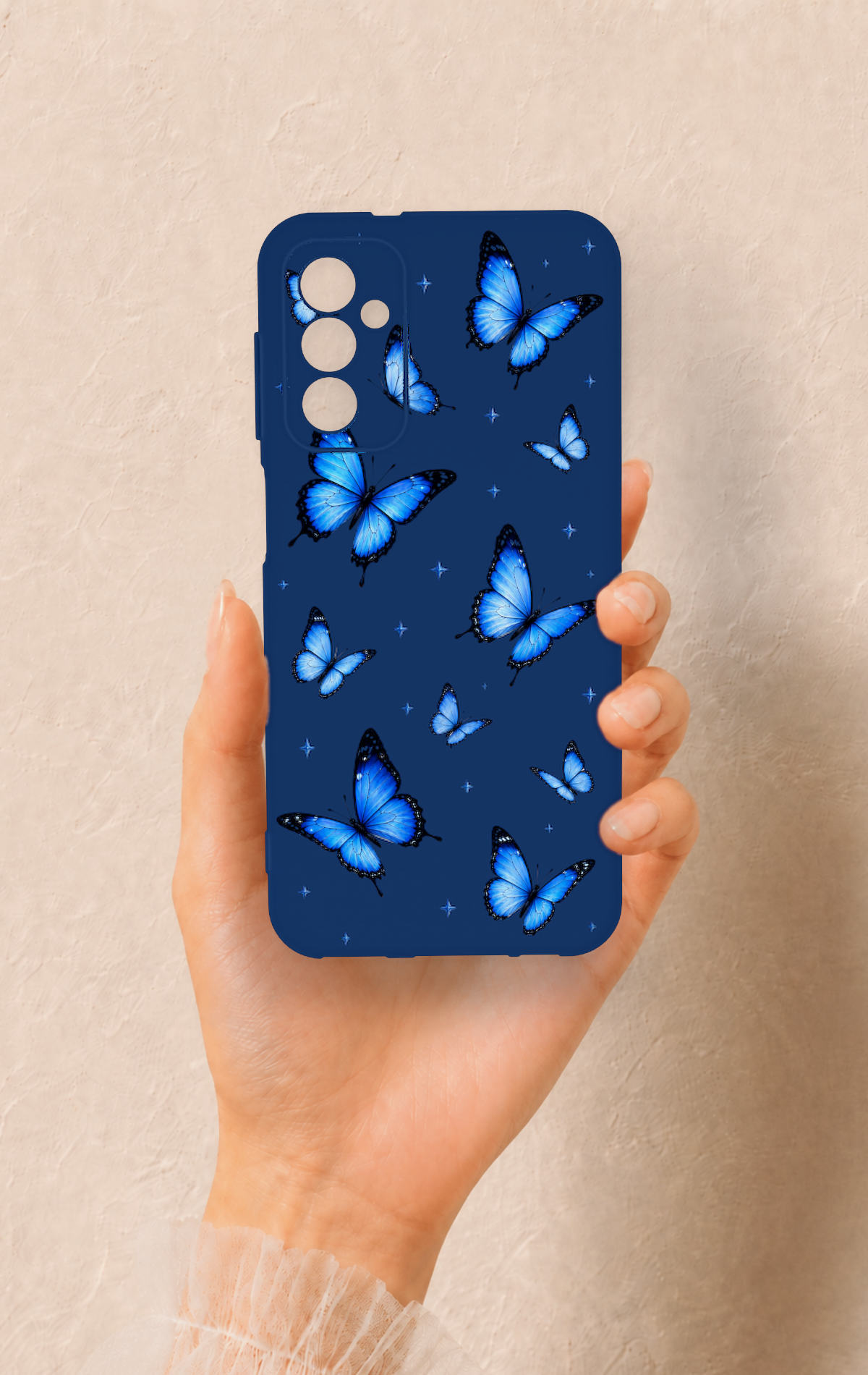 Samsung M13 Uyumlu Parlak Mavi Kelebek Desenli Silikon Kılıf