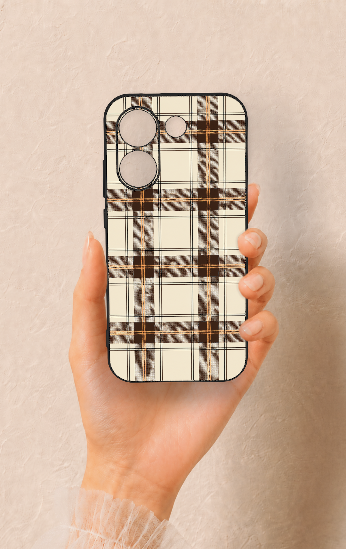 Poco X8 Pro Uyumlu Bej Kahverengi Ekose Desenli Silikon Kılıf
