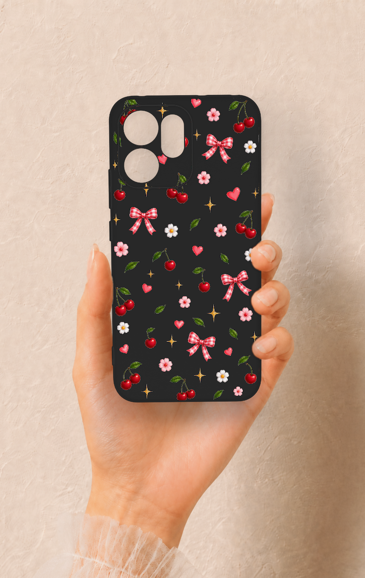 Oppo Reno 14F Uyumlu Papatya Kiraz Fiyonk Desenli Silikon Kılıf