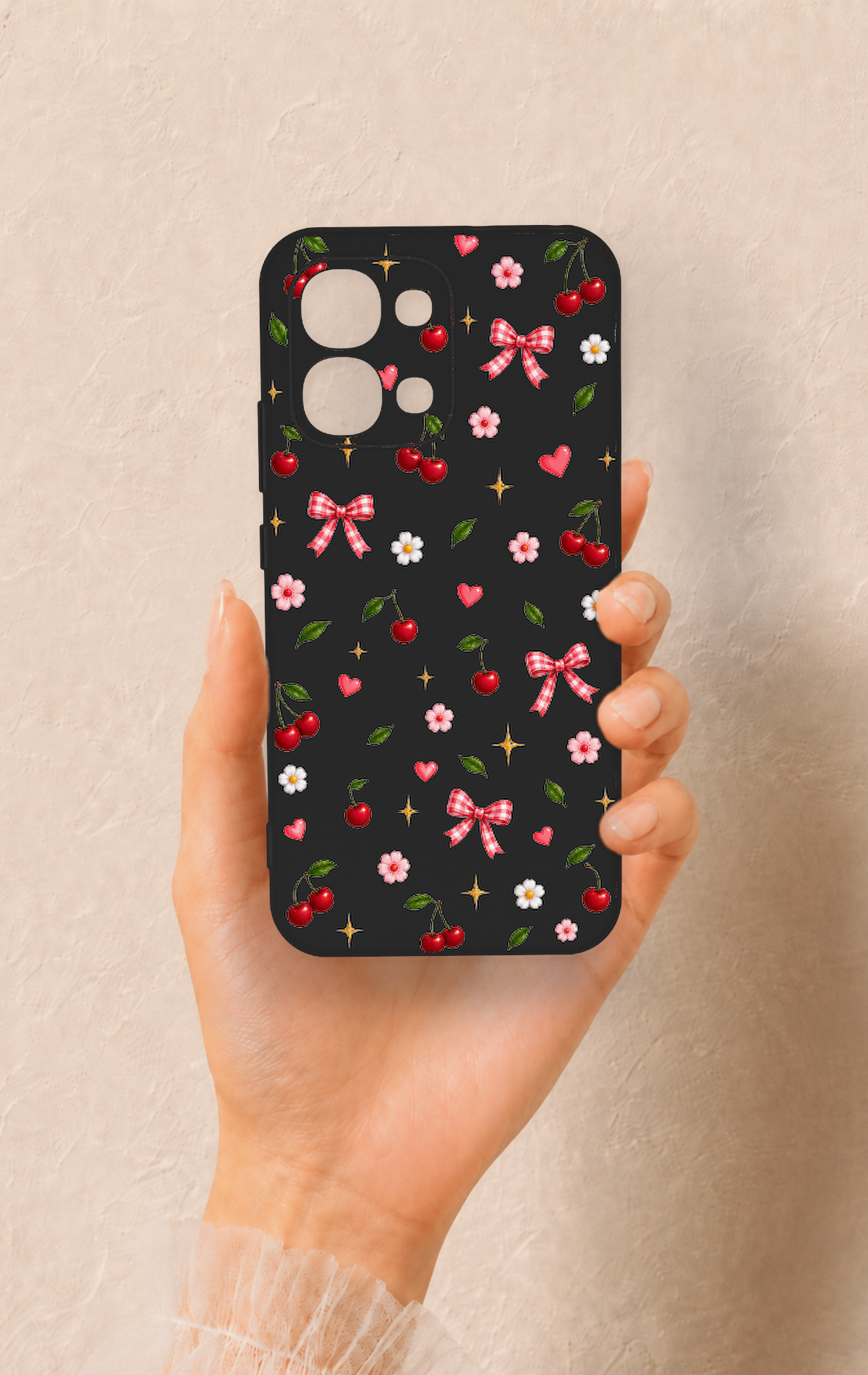 Oppo A6 Pro Uyumlu Papatya Kiraz Fiyonk Desenli Silikon Kılıf