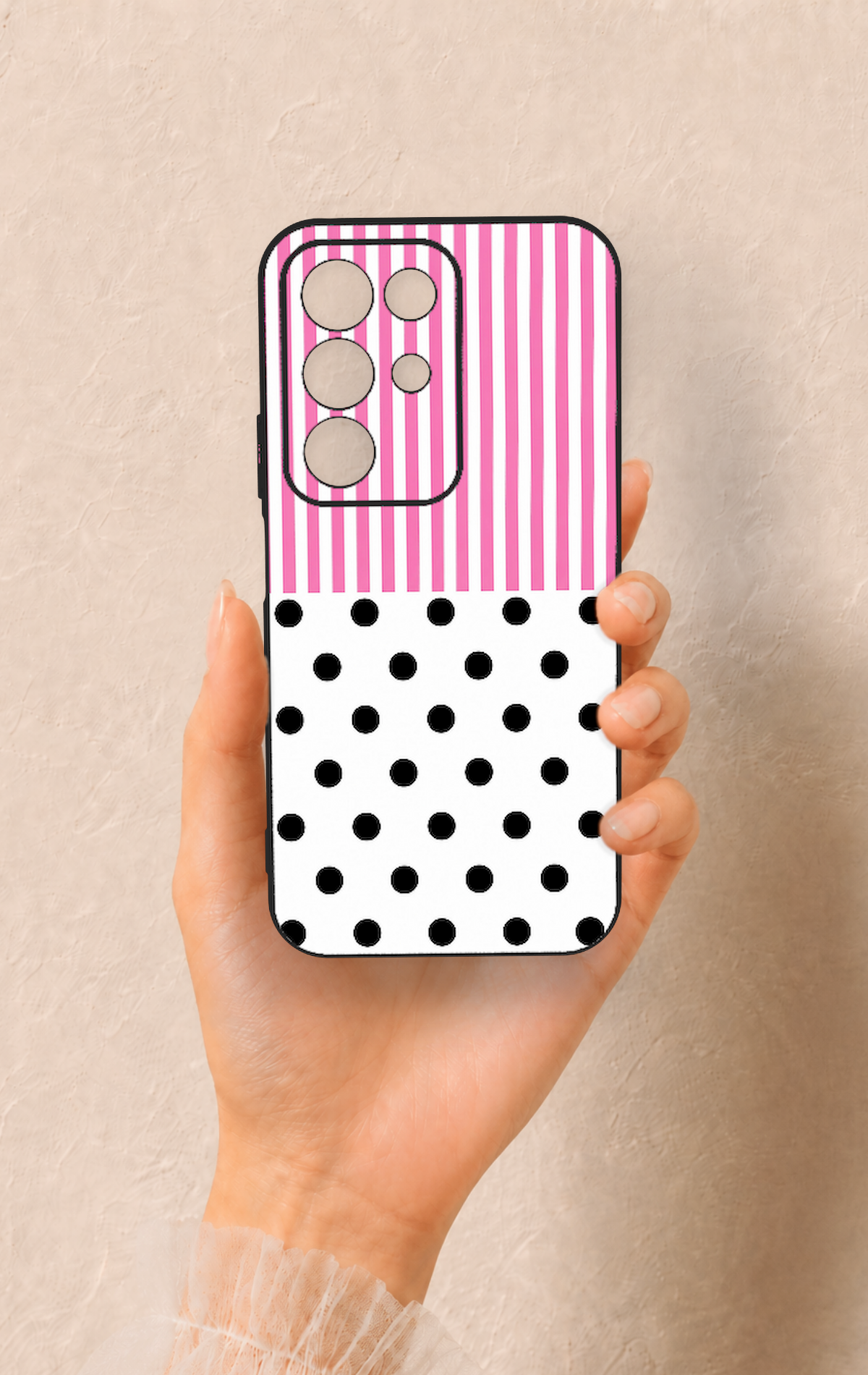 Realme C85 5G Uyumlu Pembe Çizgili Puantiye Desenli Silikon Kılıf
