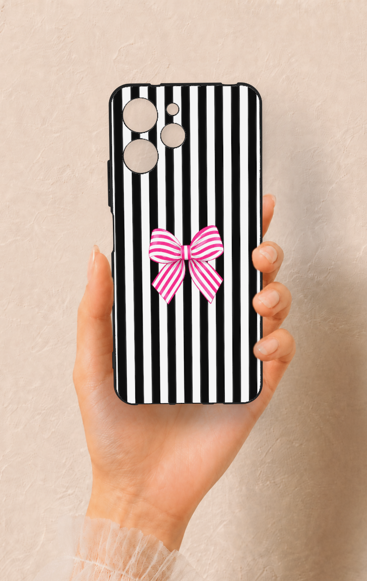 Redmi 12 Uyumlu Pembe Beyaz Kurdele Desenli Silikon Kılıf