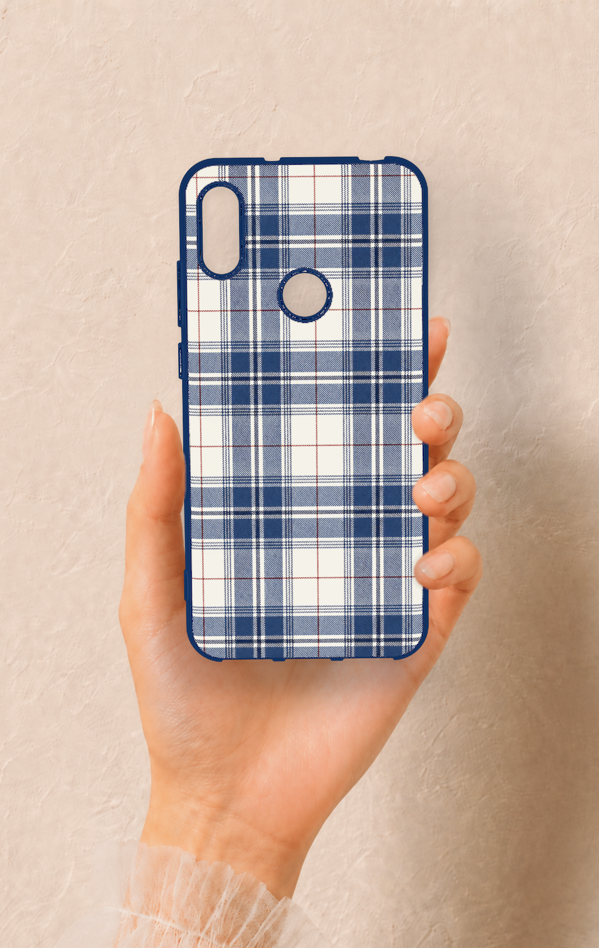Huawei Y6 2019 Uyumlu Bej Lacivert Ekose Desenli Silikon Kılıf