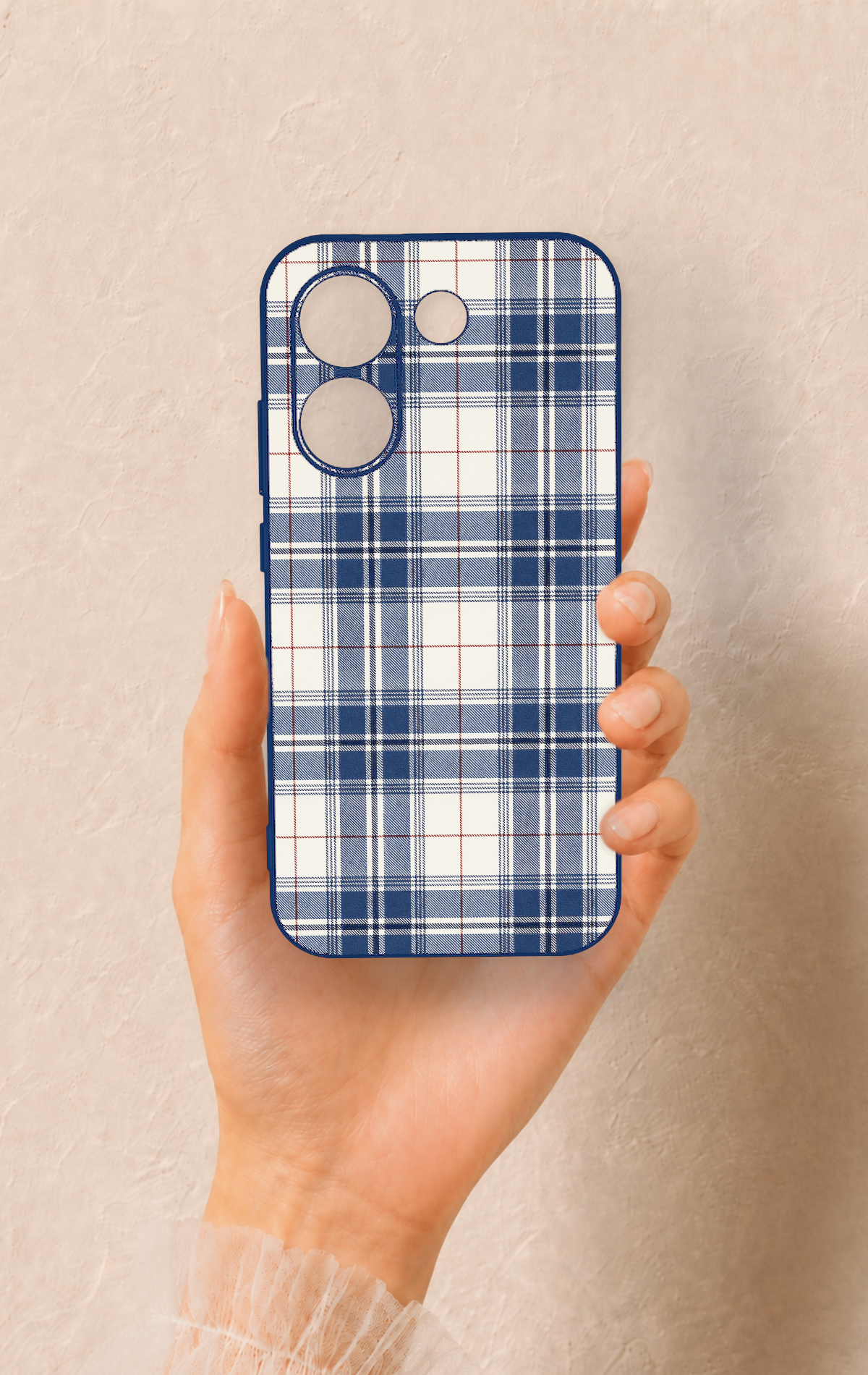 Poco X8 Pro Uyumlu Bej Lacivert Ekose Desenli Silikon Kılıf